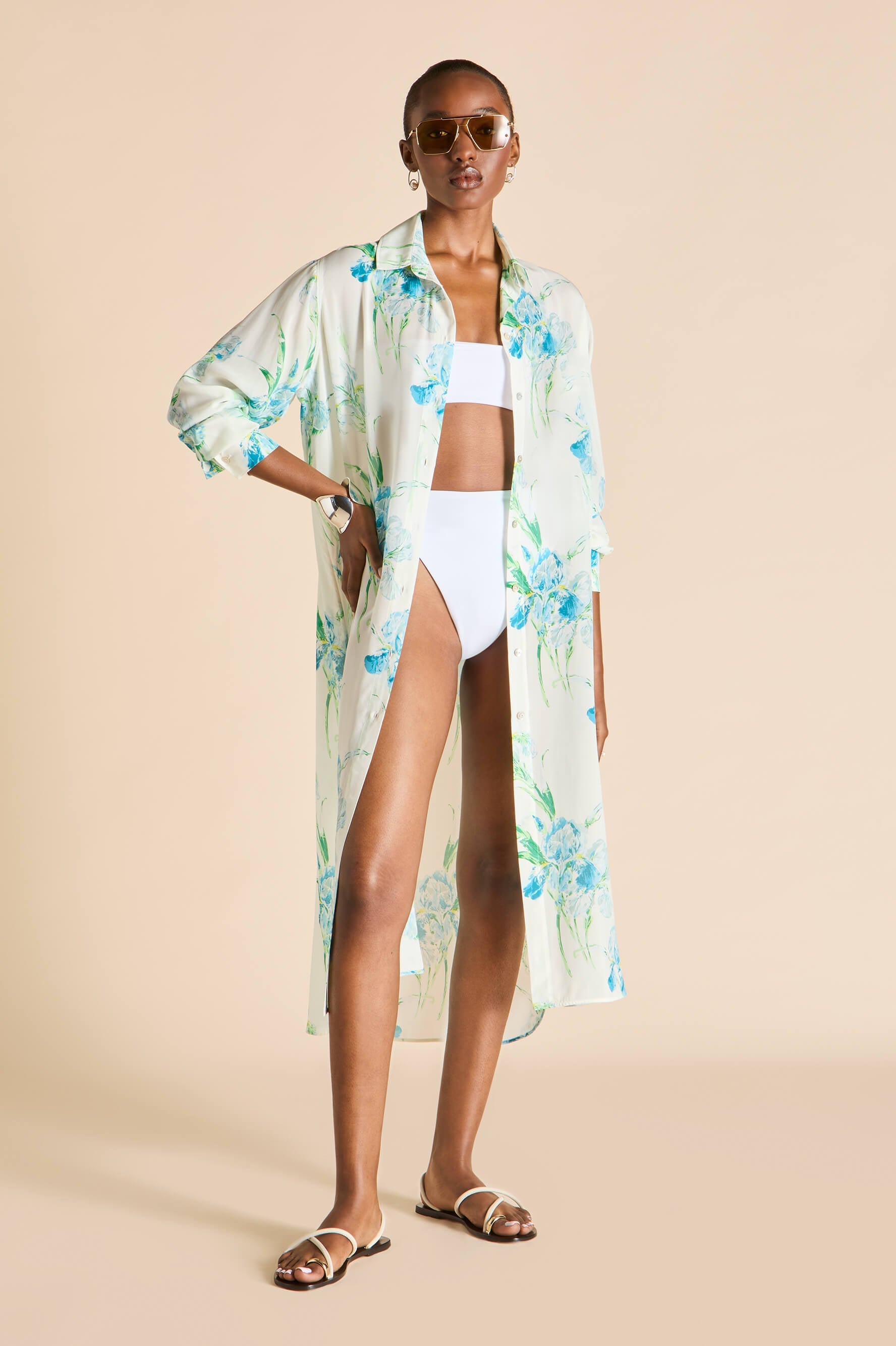 Phoebe Samphire Ivory Floral Shirt Dress in Silk-Chiffon