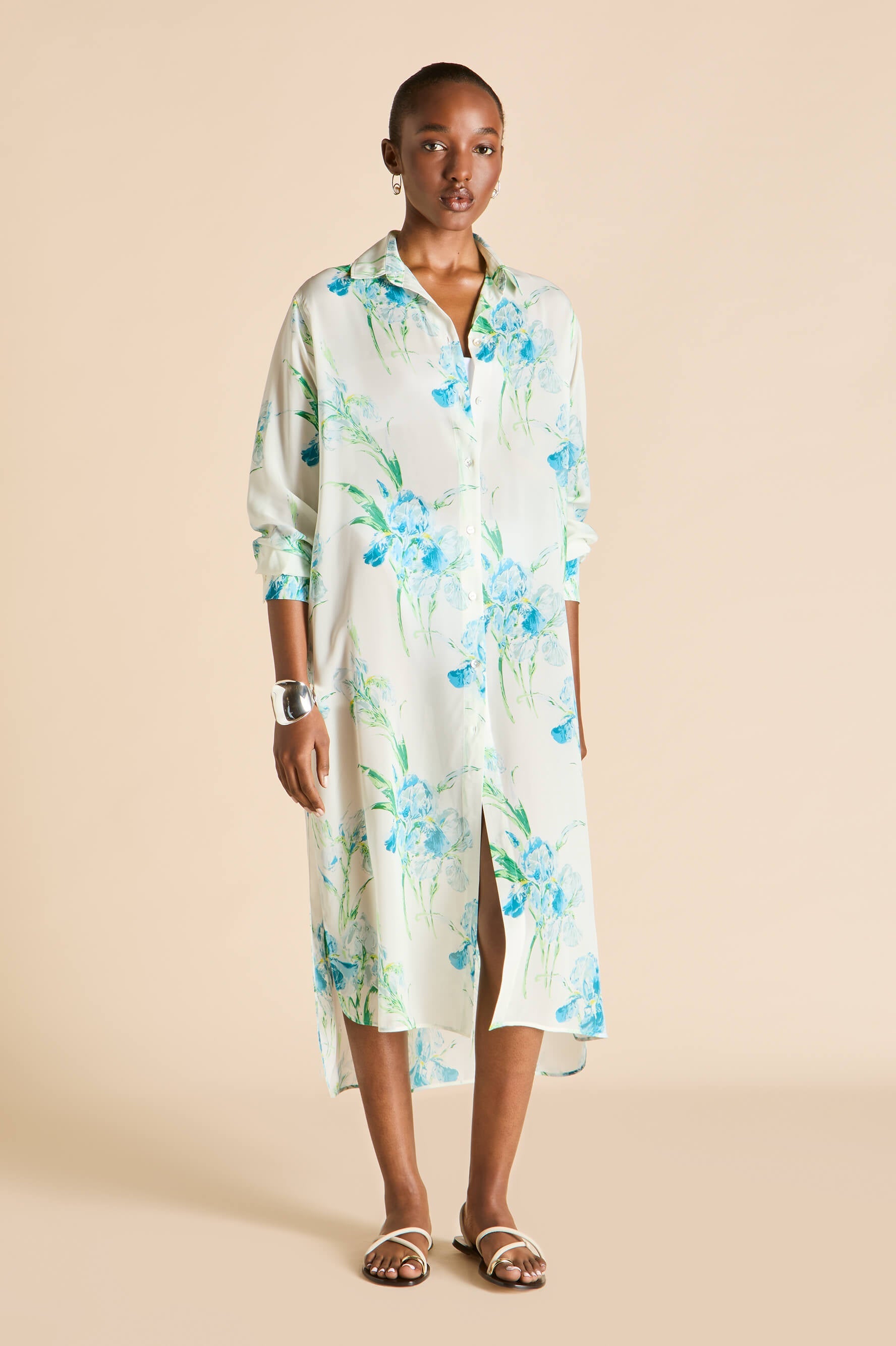 Phoebe Samphire Ivory Floral Shirt Dress in Silk-Chiffon
