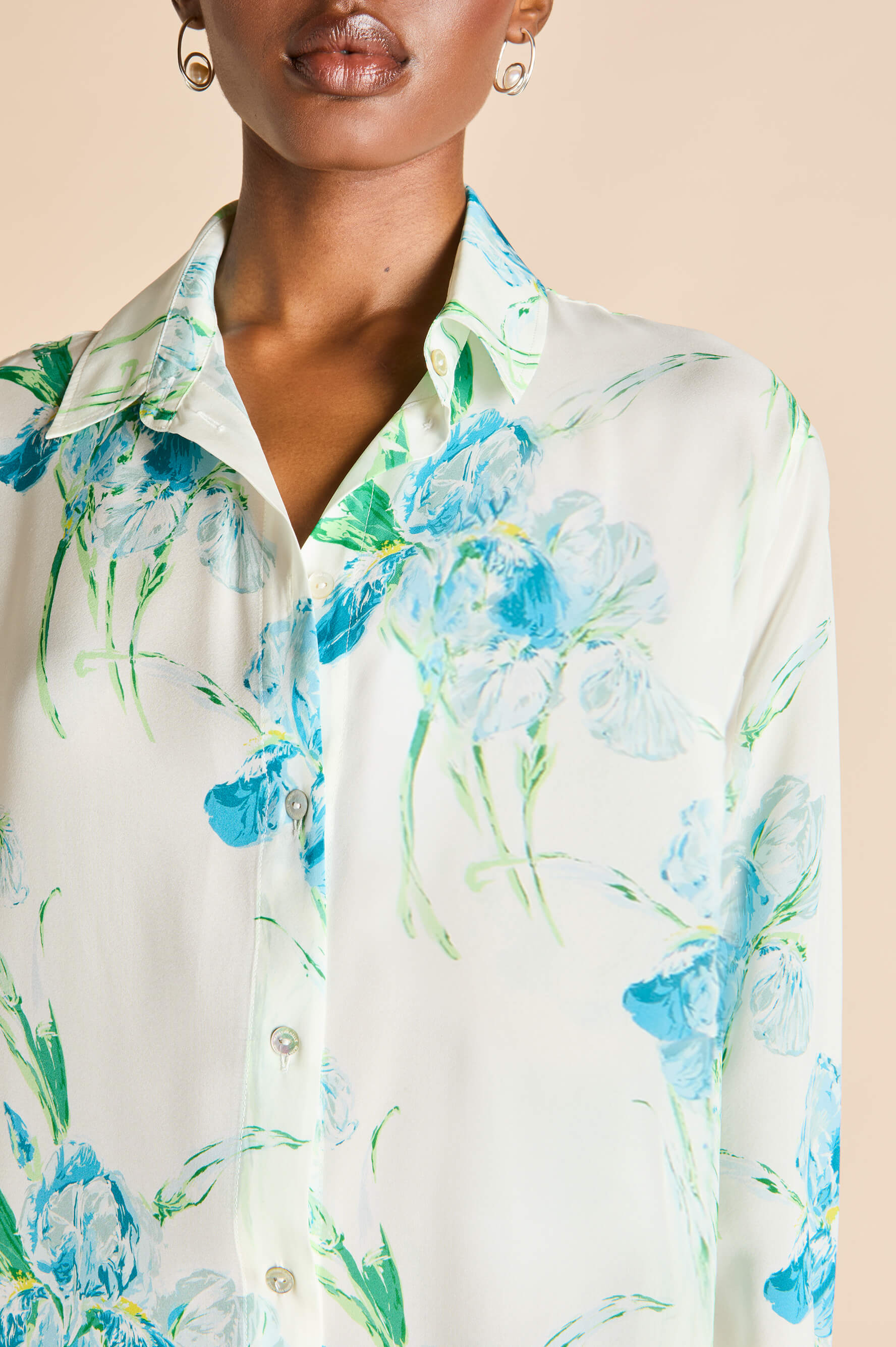 Phoebe Samphire Ivory Floral Shirt Dress in Silk-Chiffon