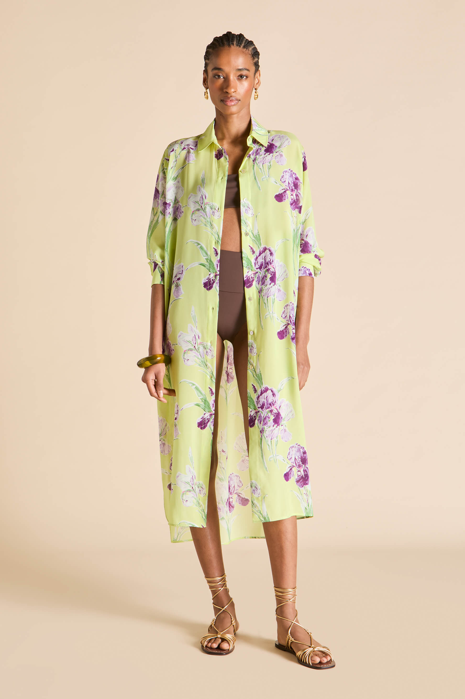 Phoebe Sundial Green Floral Shirt Dress in Silk-Chiffon