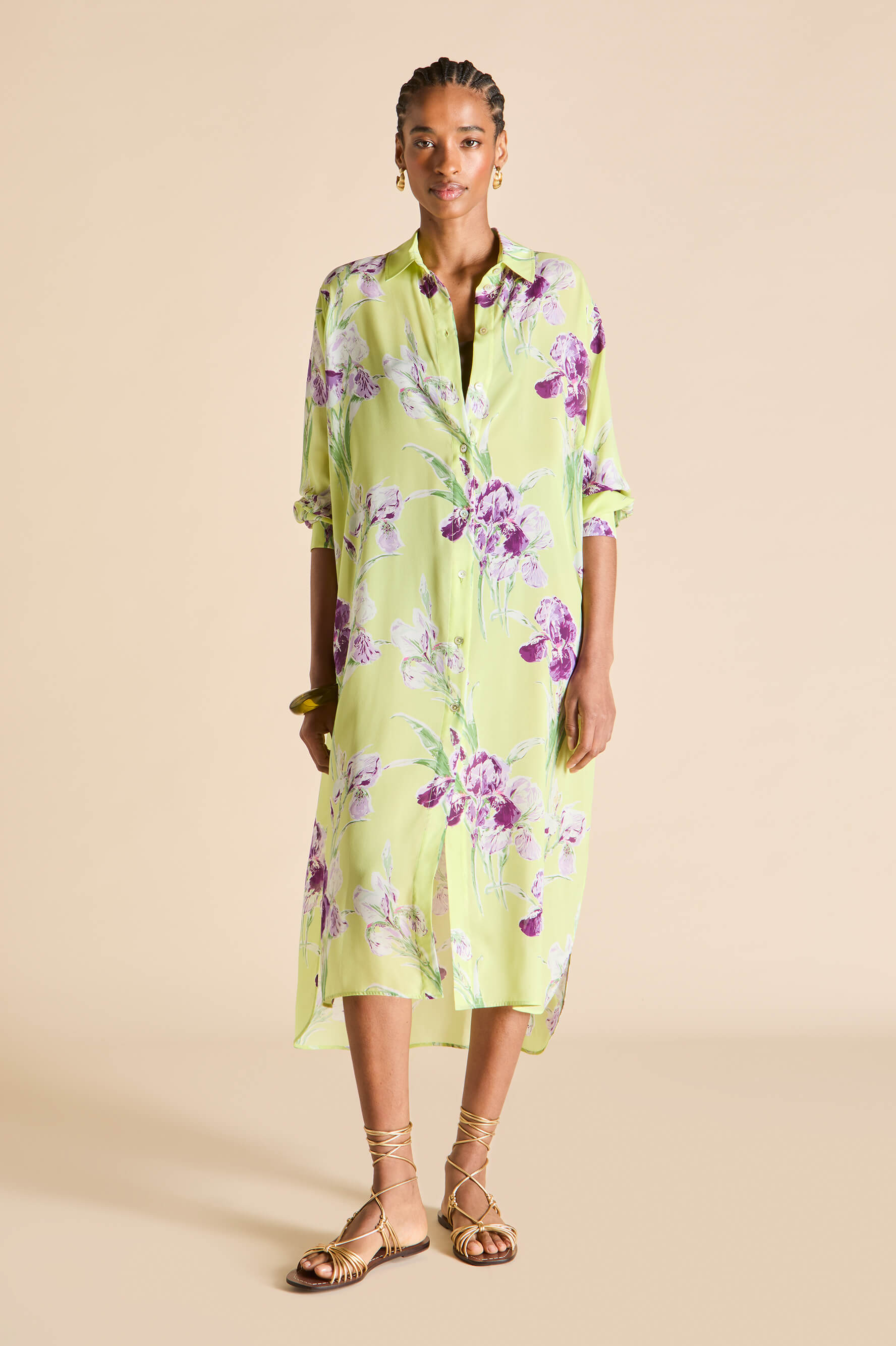 Phoebe Sundial Green Floral Shirt Dress in Silk-Chiffon