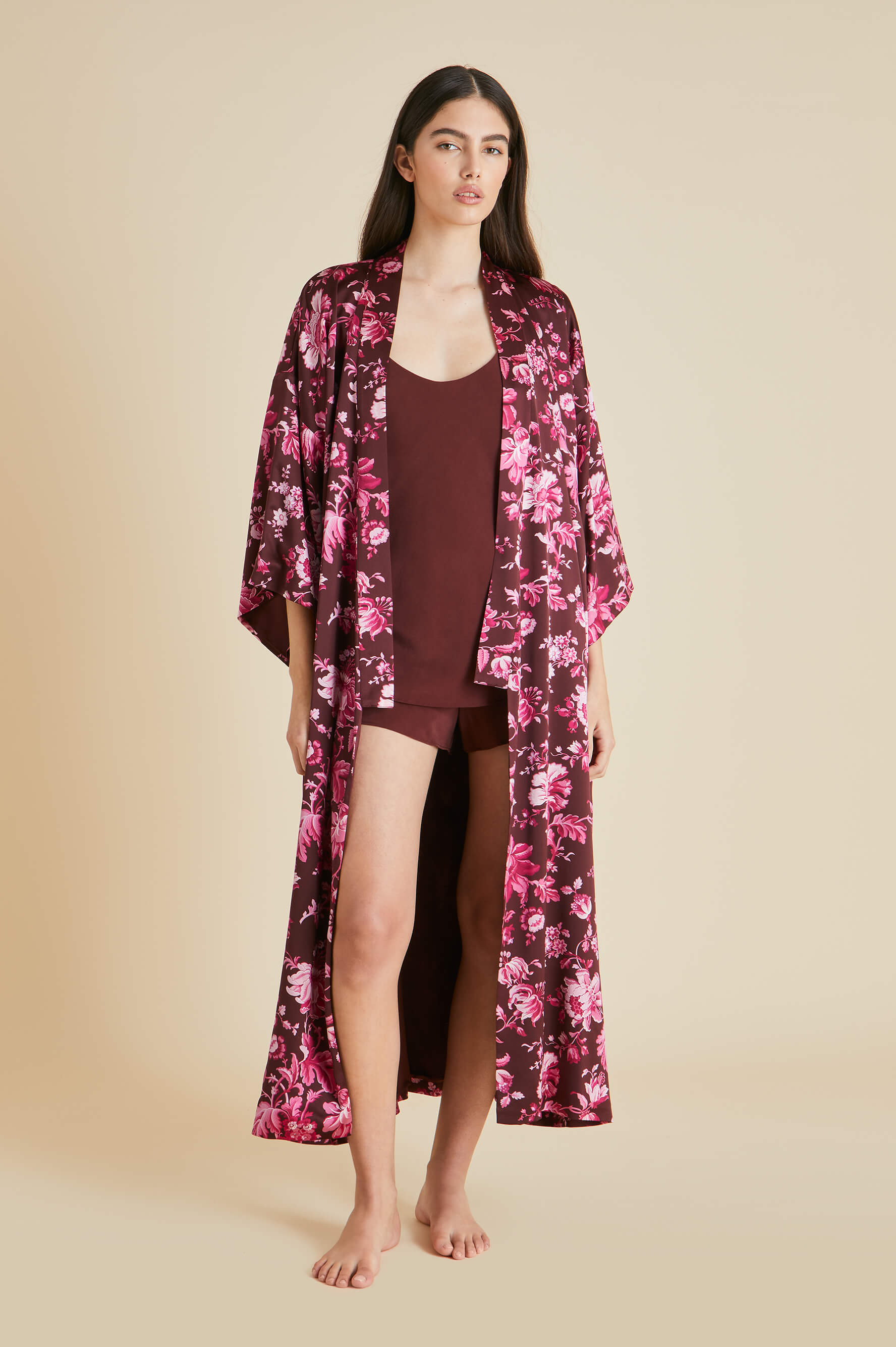 Queenie Aphrodite Burgundy Floral Robe in Silk Satin Olivia von Halle