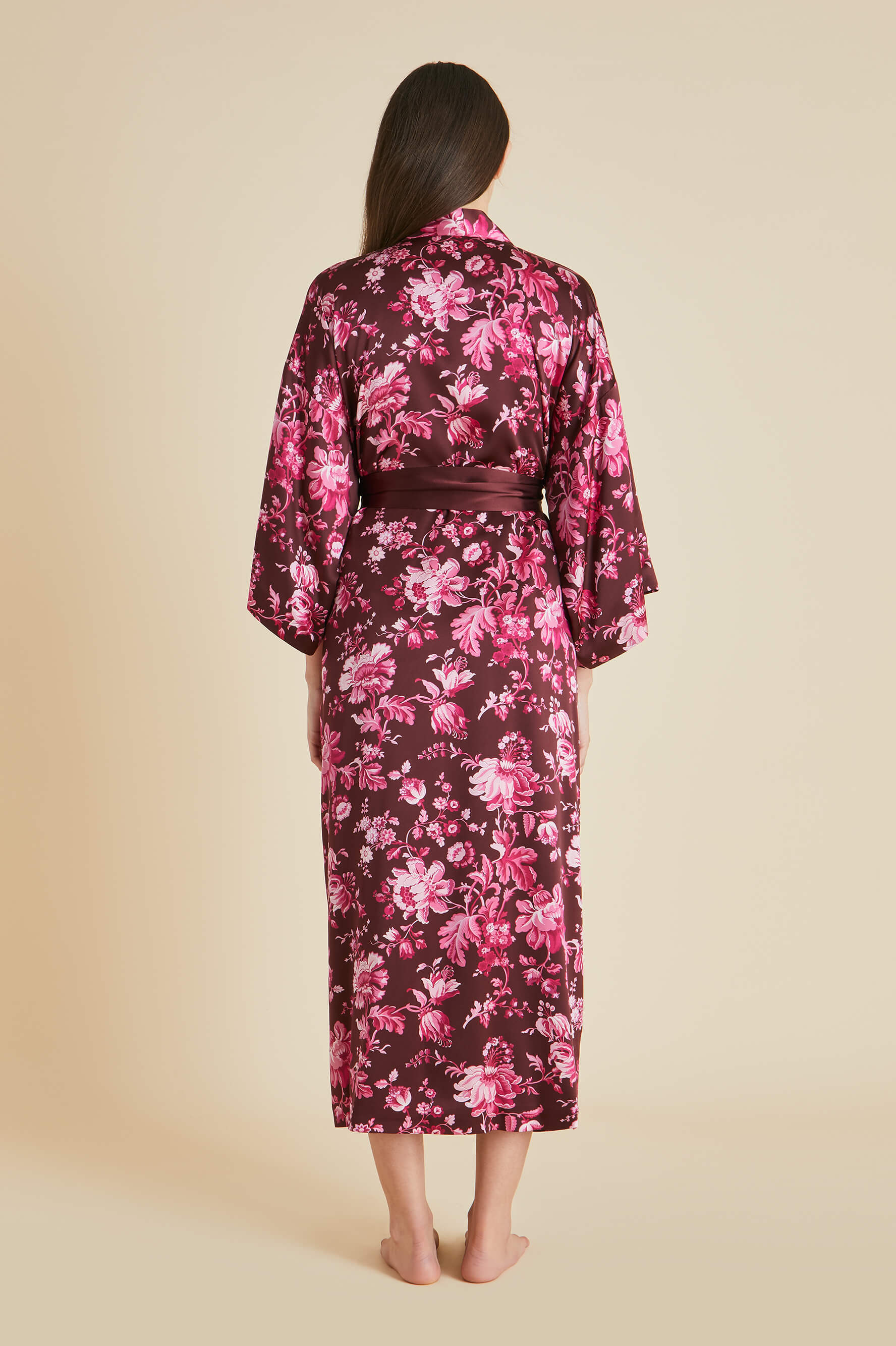 Queenie Aphrodite Burgundy Floral Robe in Silk Satin