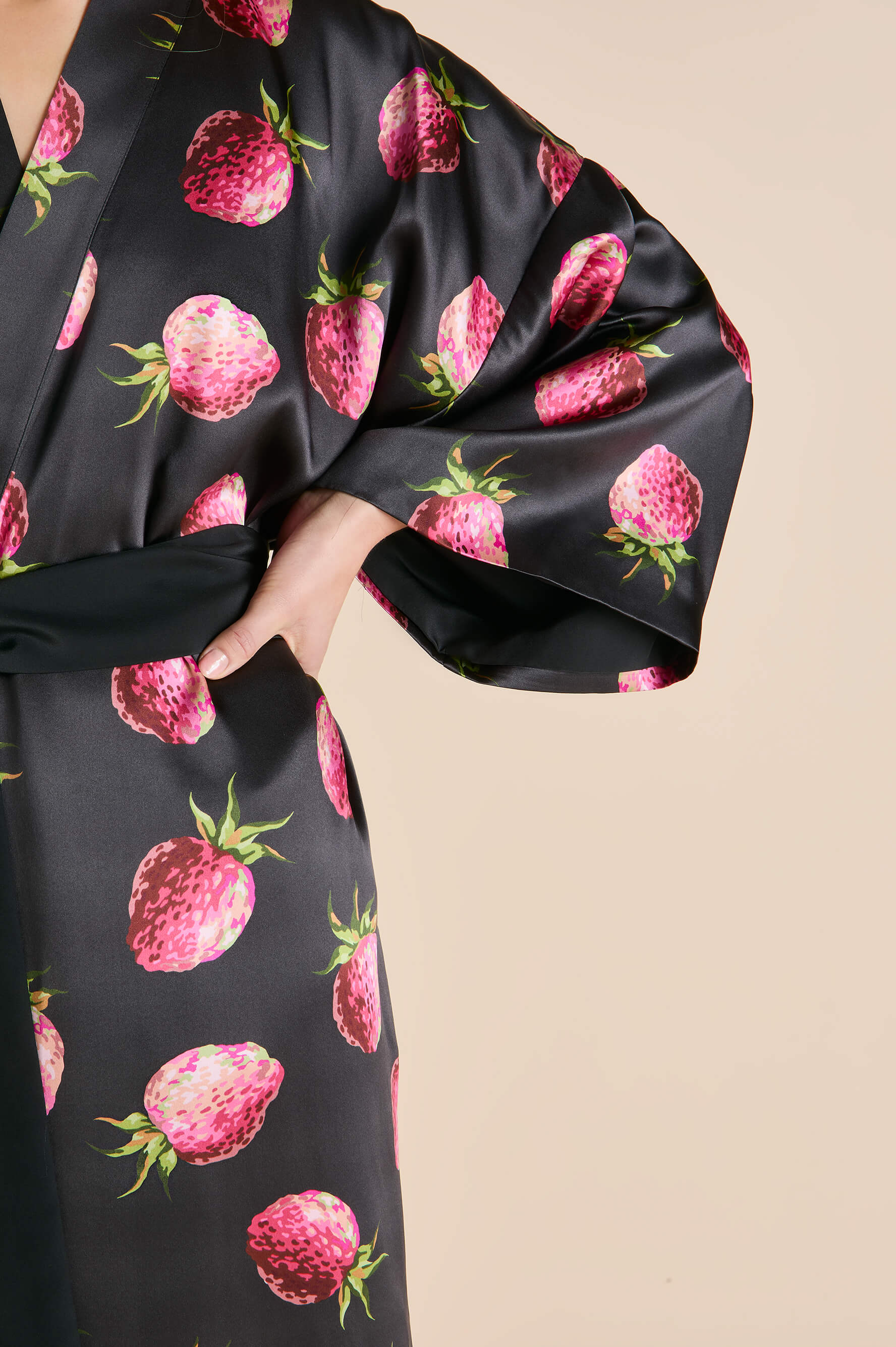 Queenie Brigham Black Strawberry Robe in Silk Satin