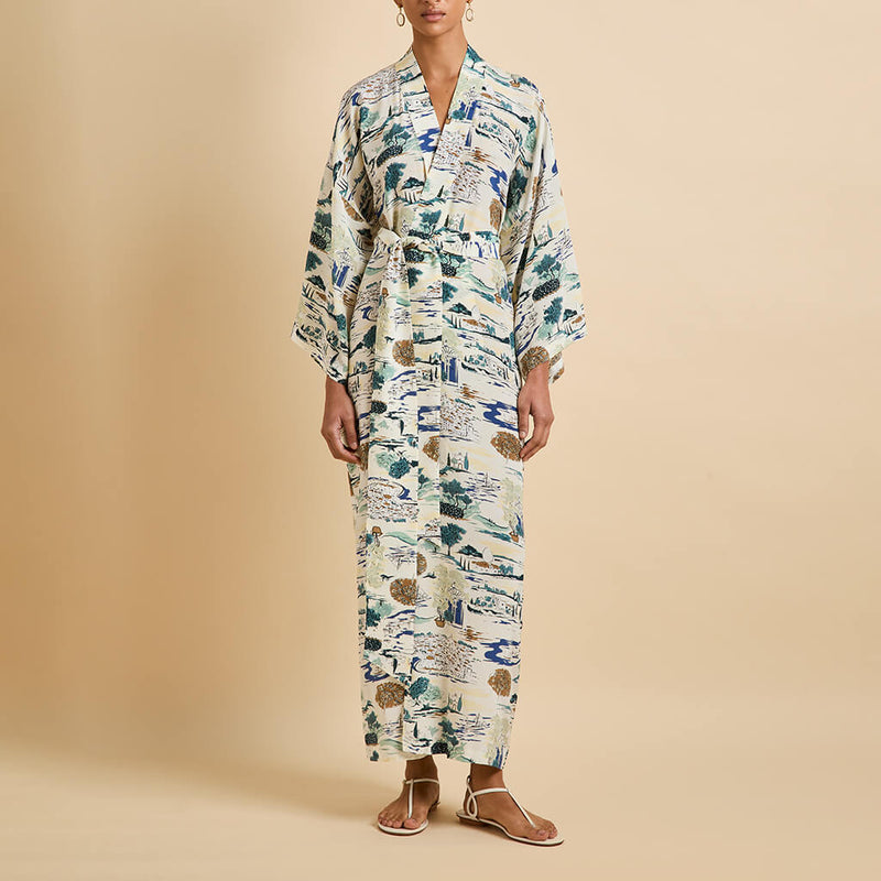 Queenie Cadaqués Cream Landscape Robe in Silk Crêpe de Chine