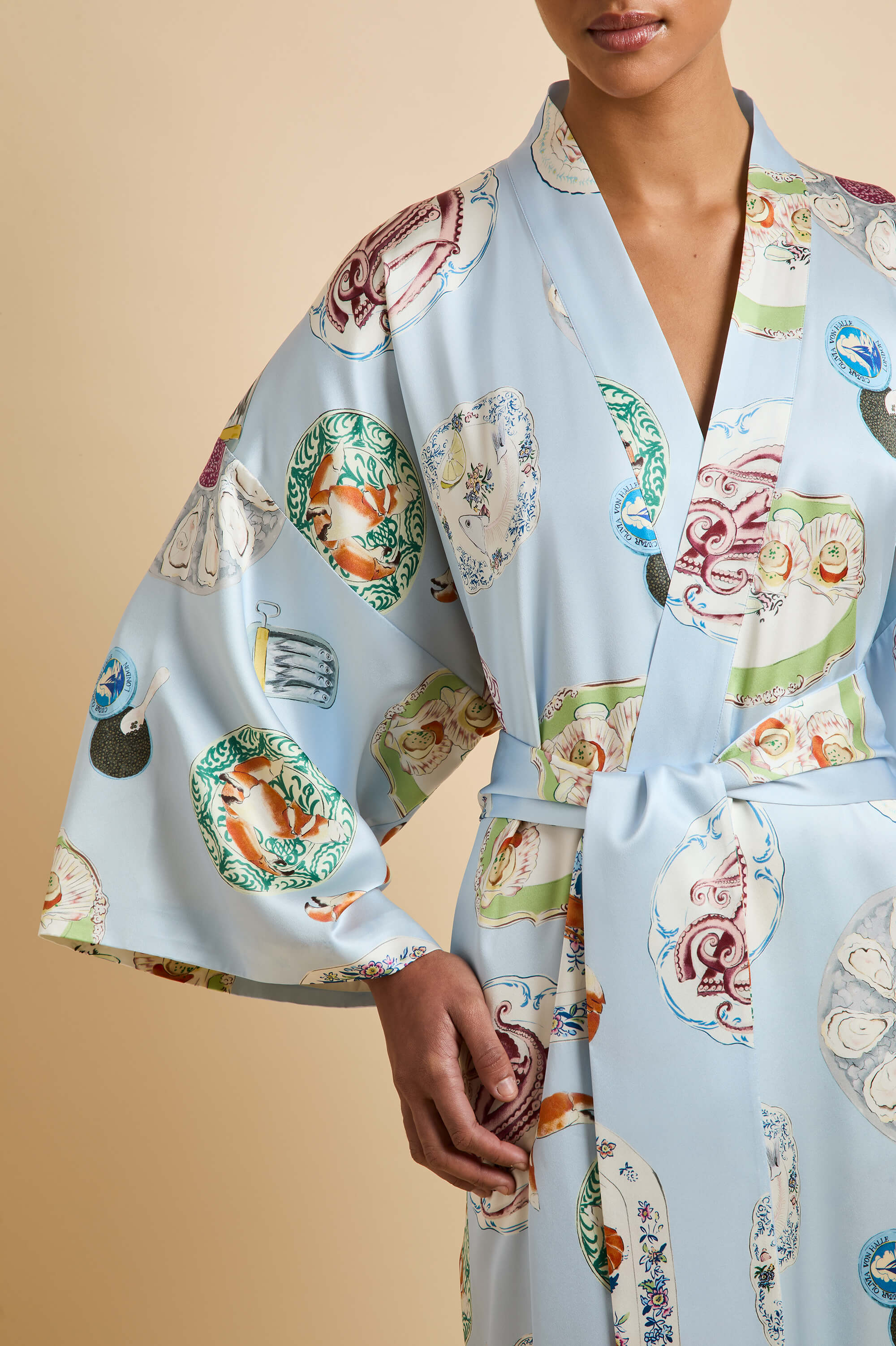 queenie cadiz blue seafood robe in silk satin 