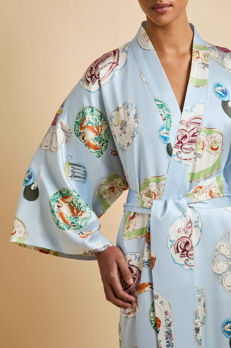 Queenie Cadiz Blue Seafood Robe in Silk Satin |Olivia von Halle