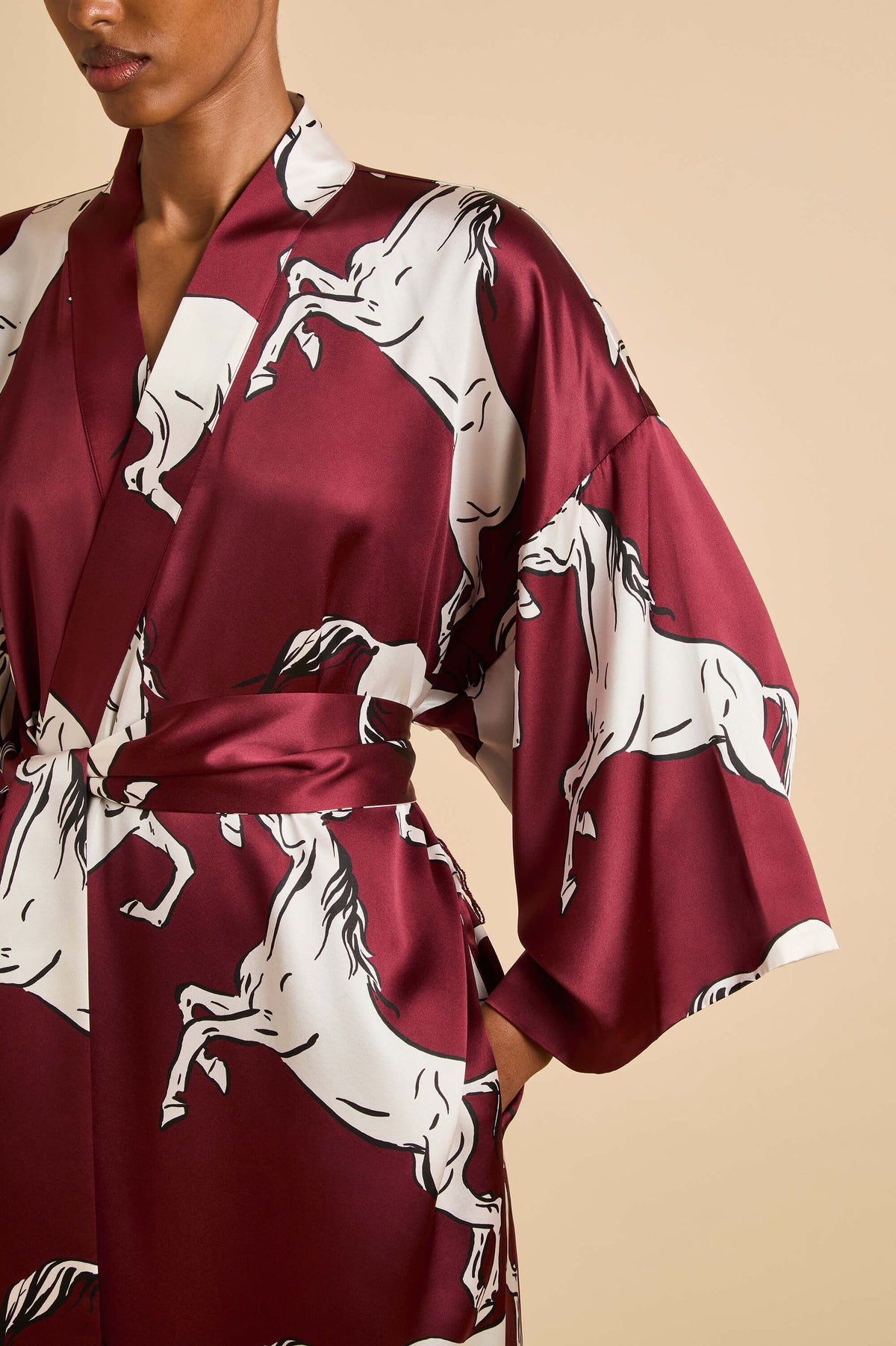queenie carmine red horse robe in silk satin 