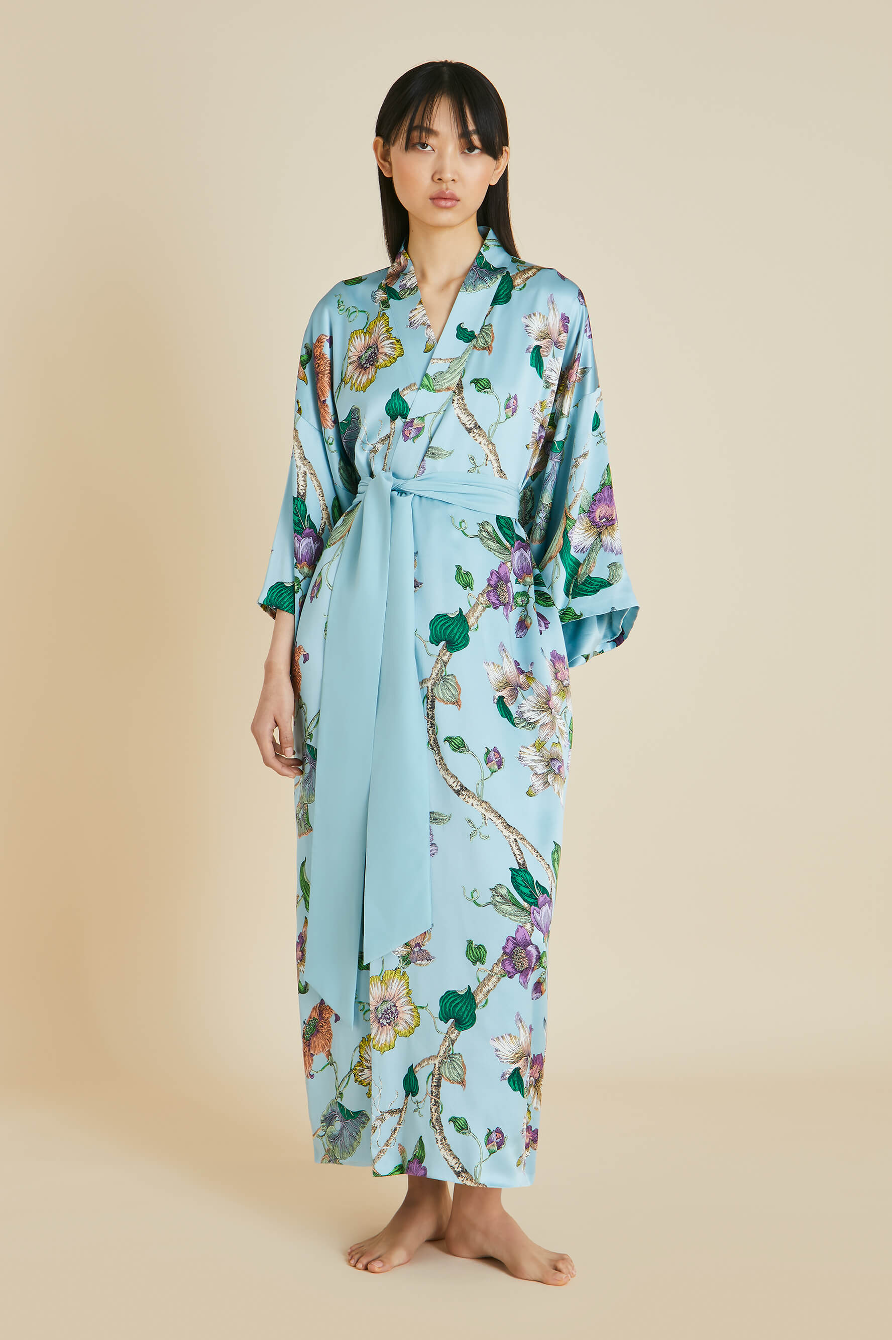 Queenie Ceres Blue Floral Silk Satin Robe