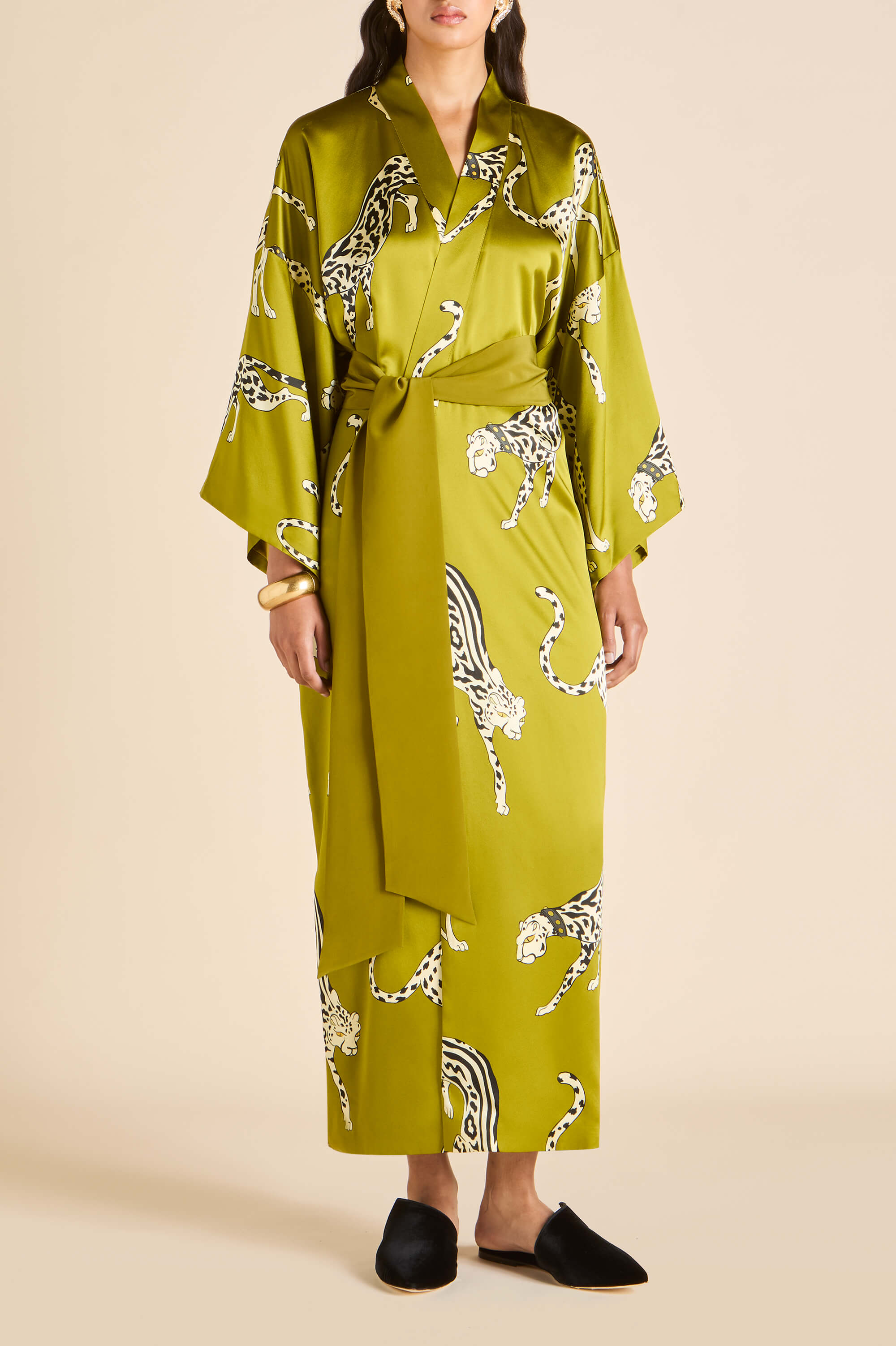 Queenie Chanson Green Leopard Robe in Silk Satin | Olivia von Halle