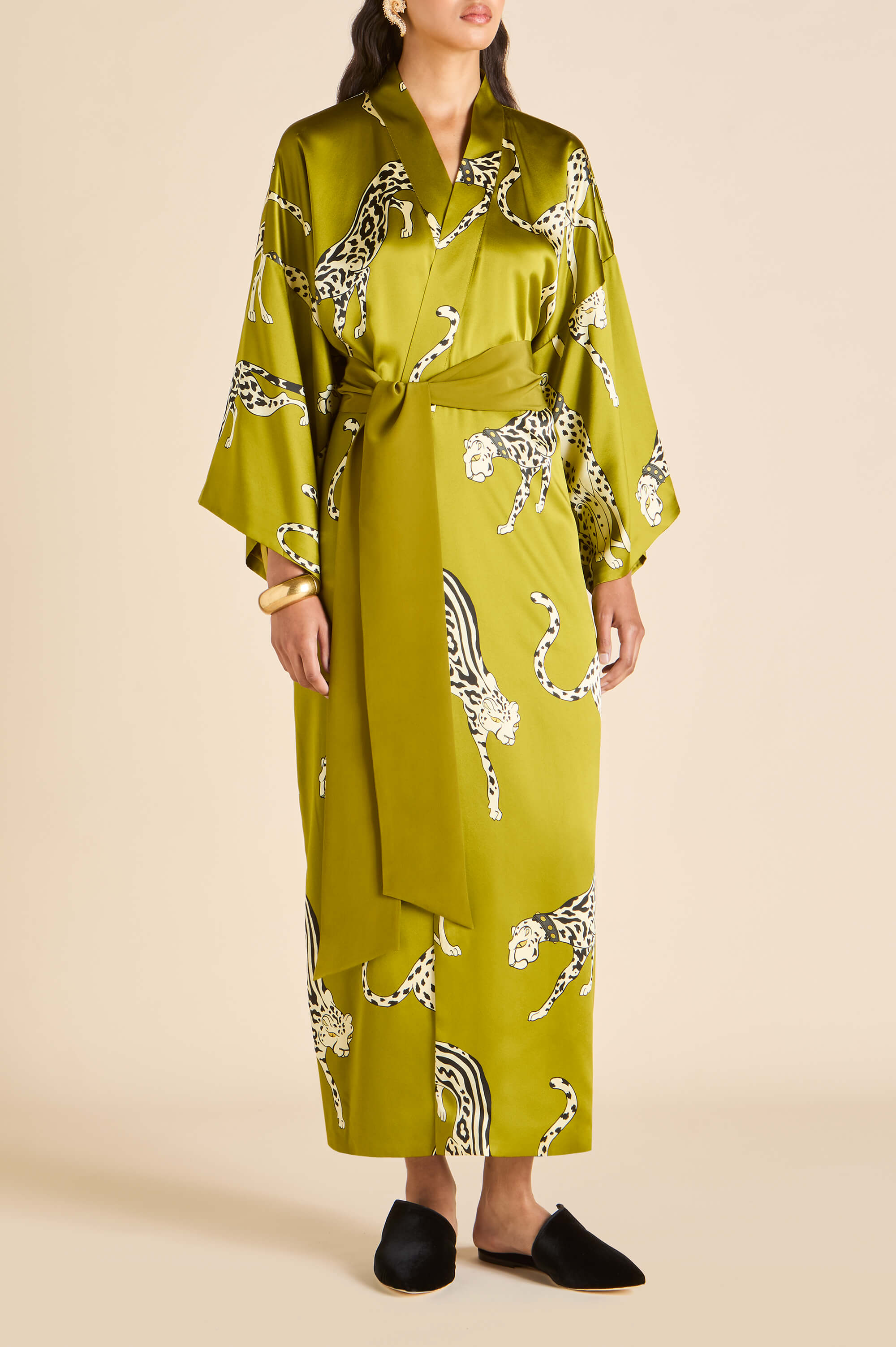 Queenie Chanson Green Leopard Robe in Silk Satin | Olivia von Halle