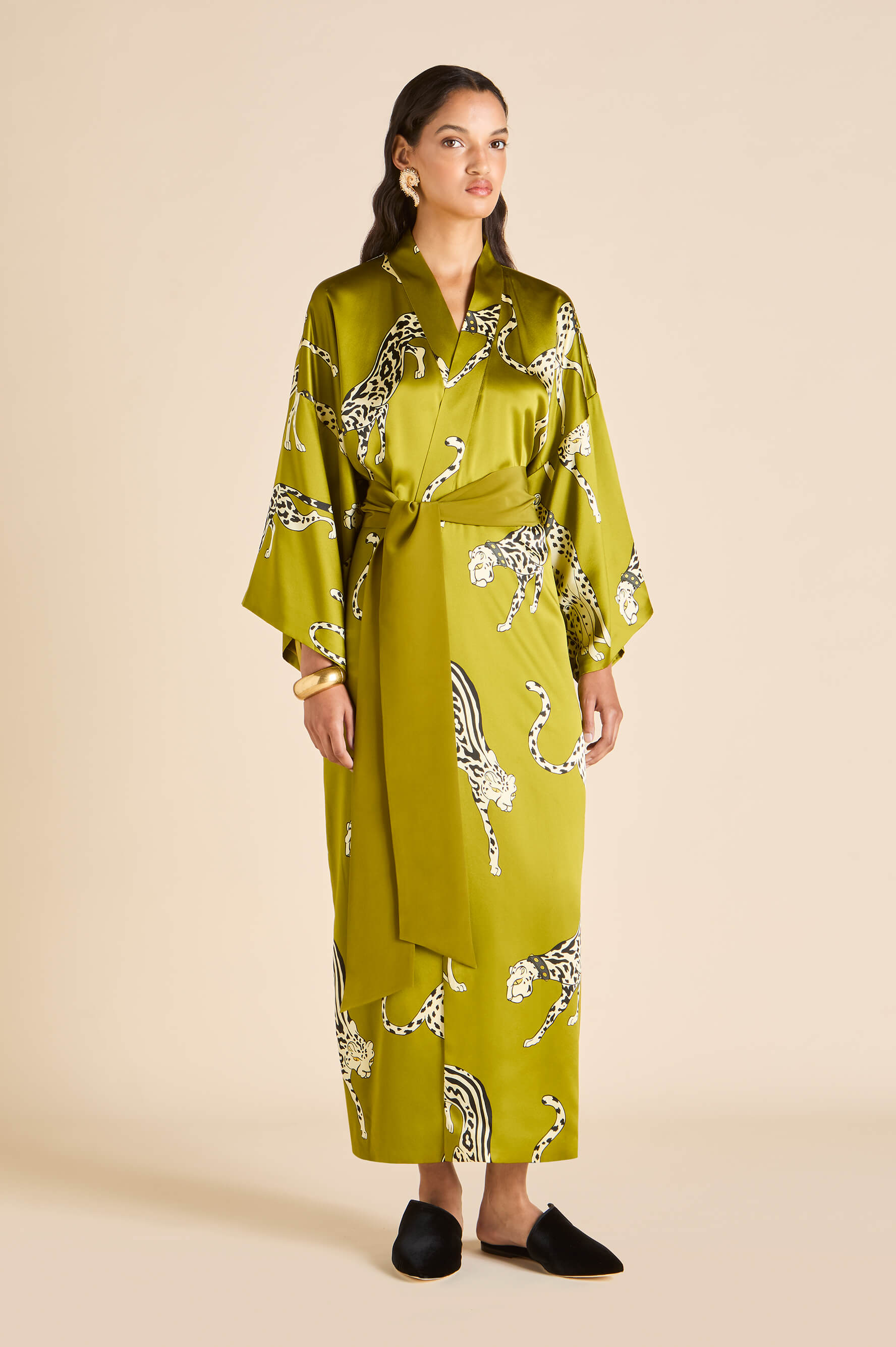 Queenie Chanson Green Leopard Robe in Silk Satin