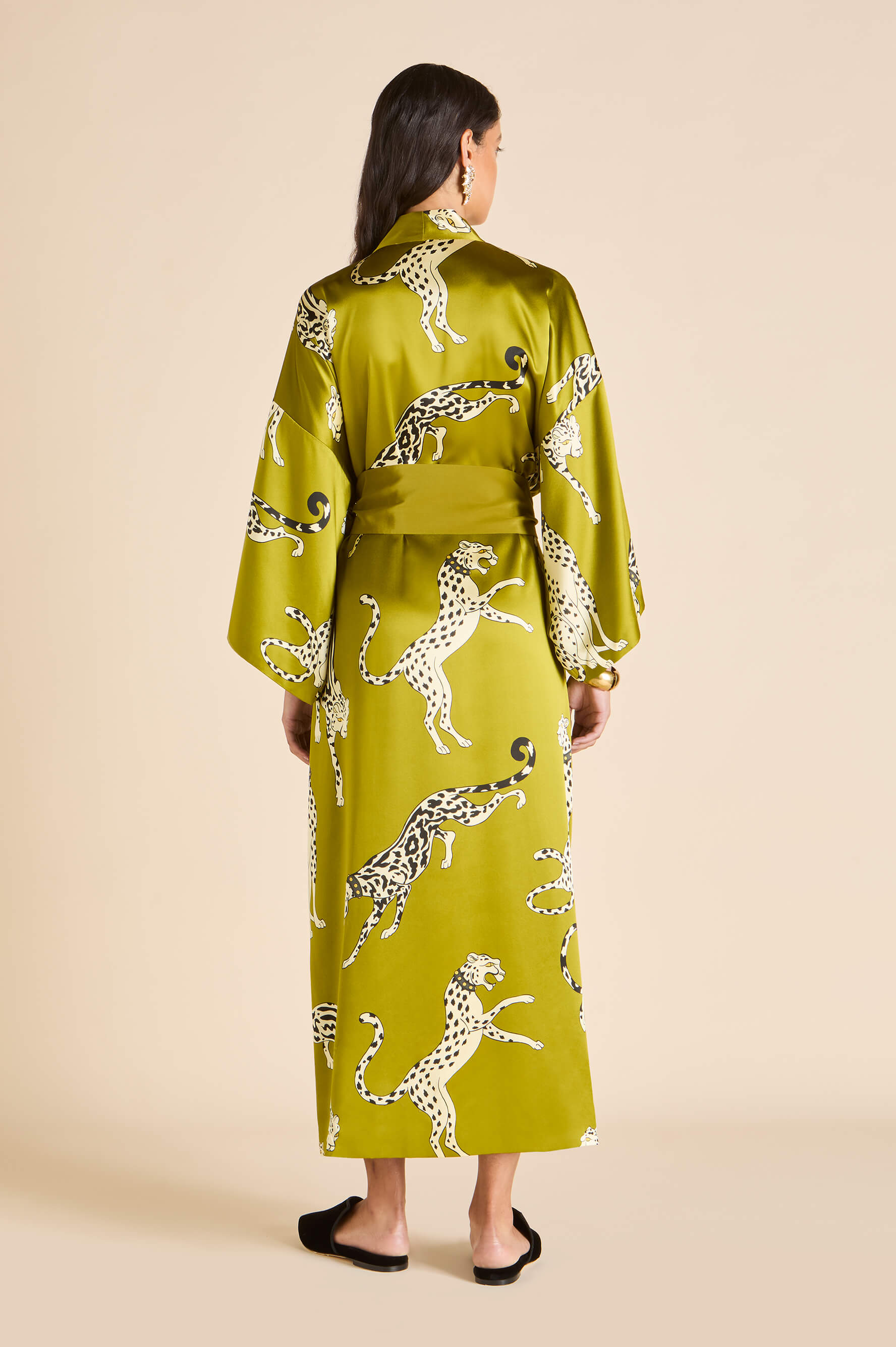 Queenie Chanson Green Leopard Robe in Silk Satin