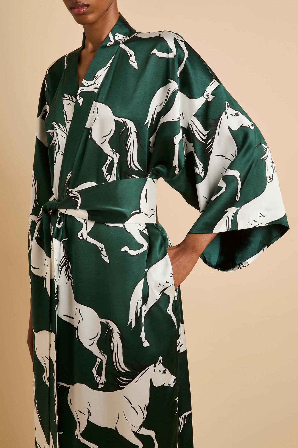 queenie equora green horse robe in silk satin 