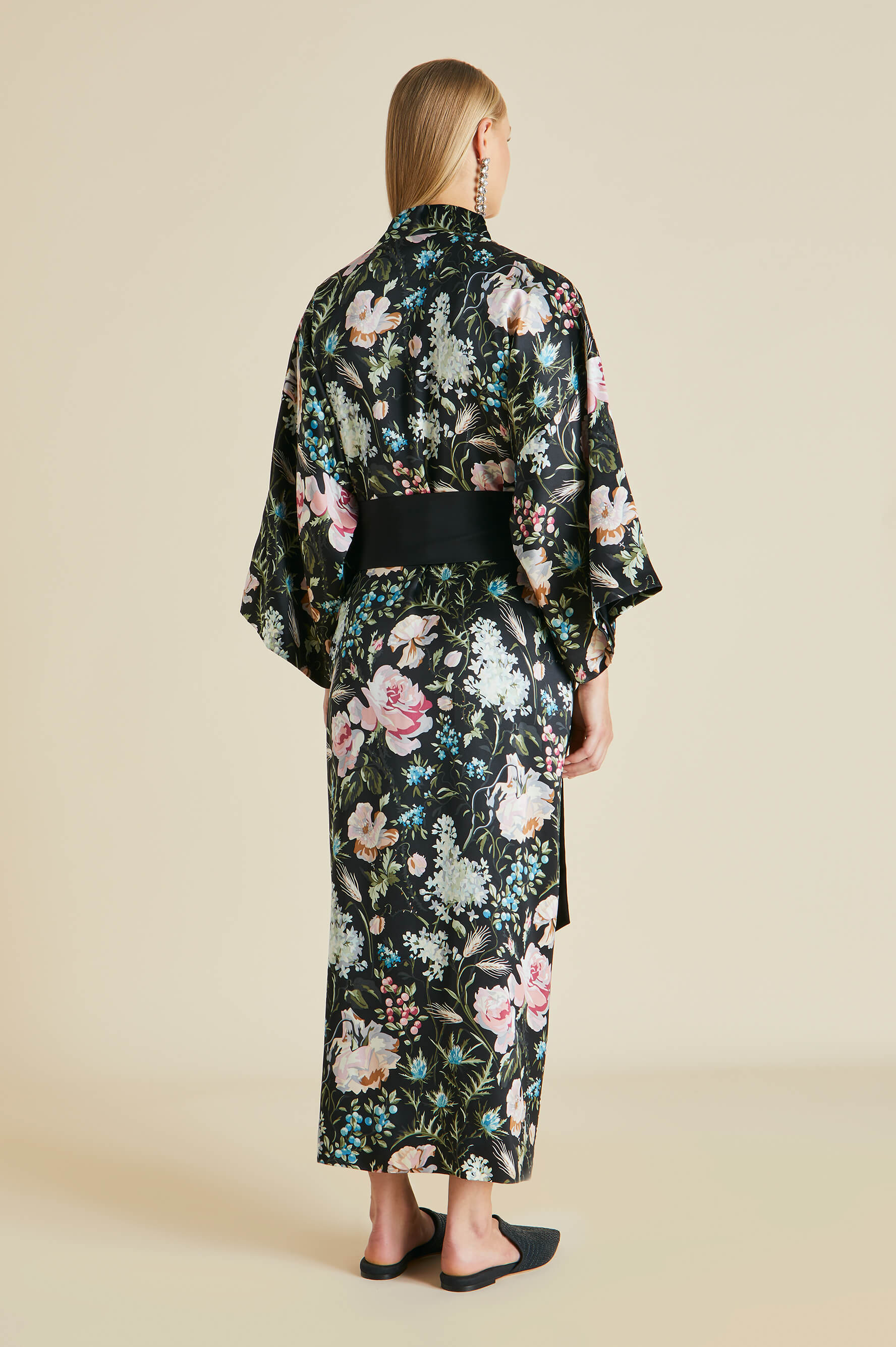 Queenie Esme Black Floral Robe in Silk Satin