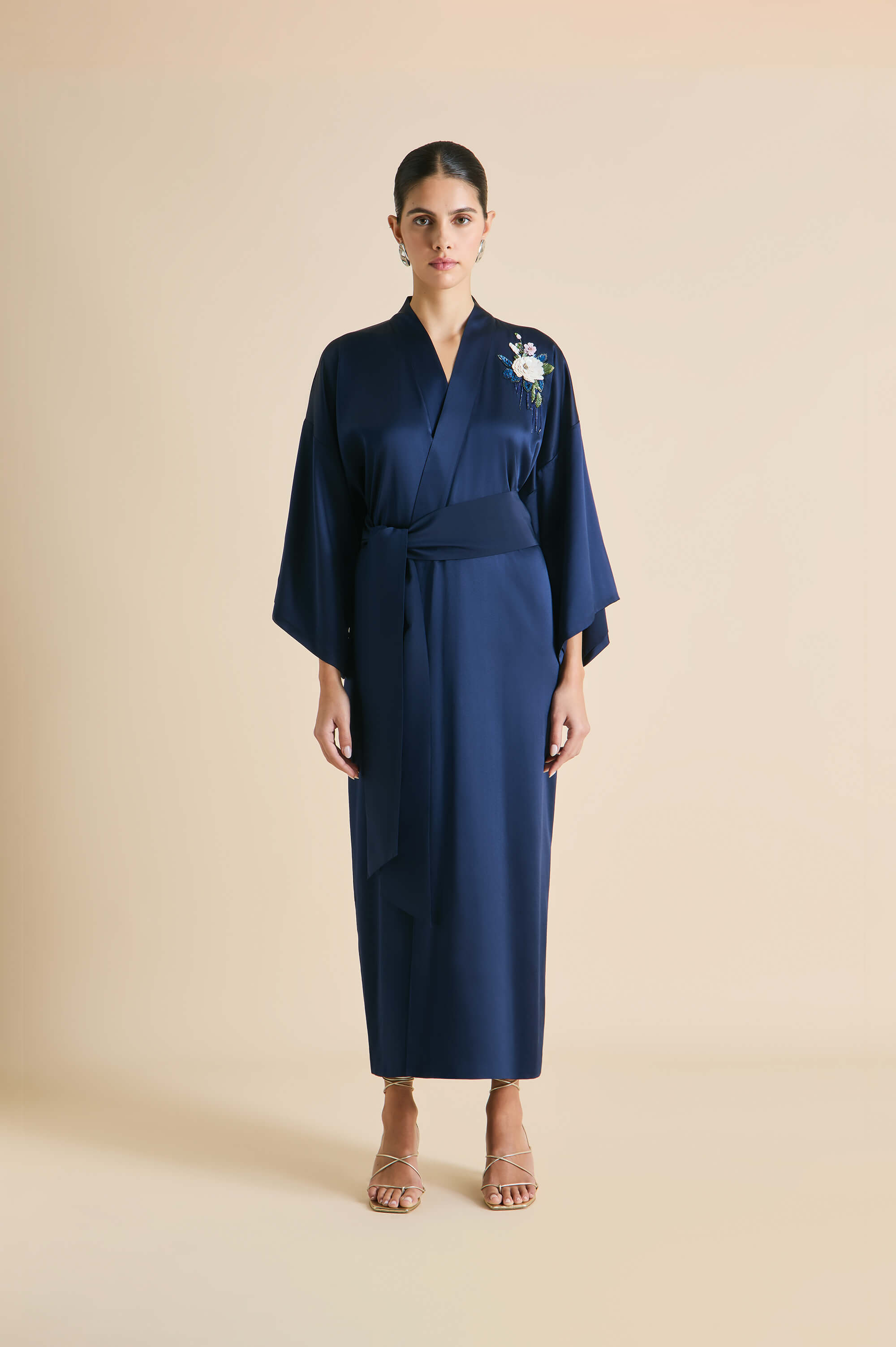 Queenie Harmonies Navy Embellished Robe in Silk Satin