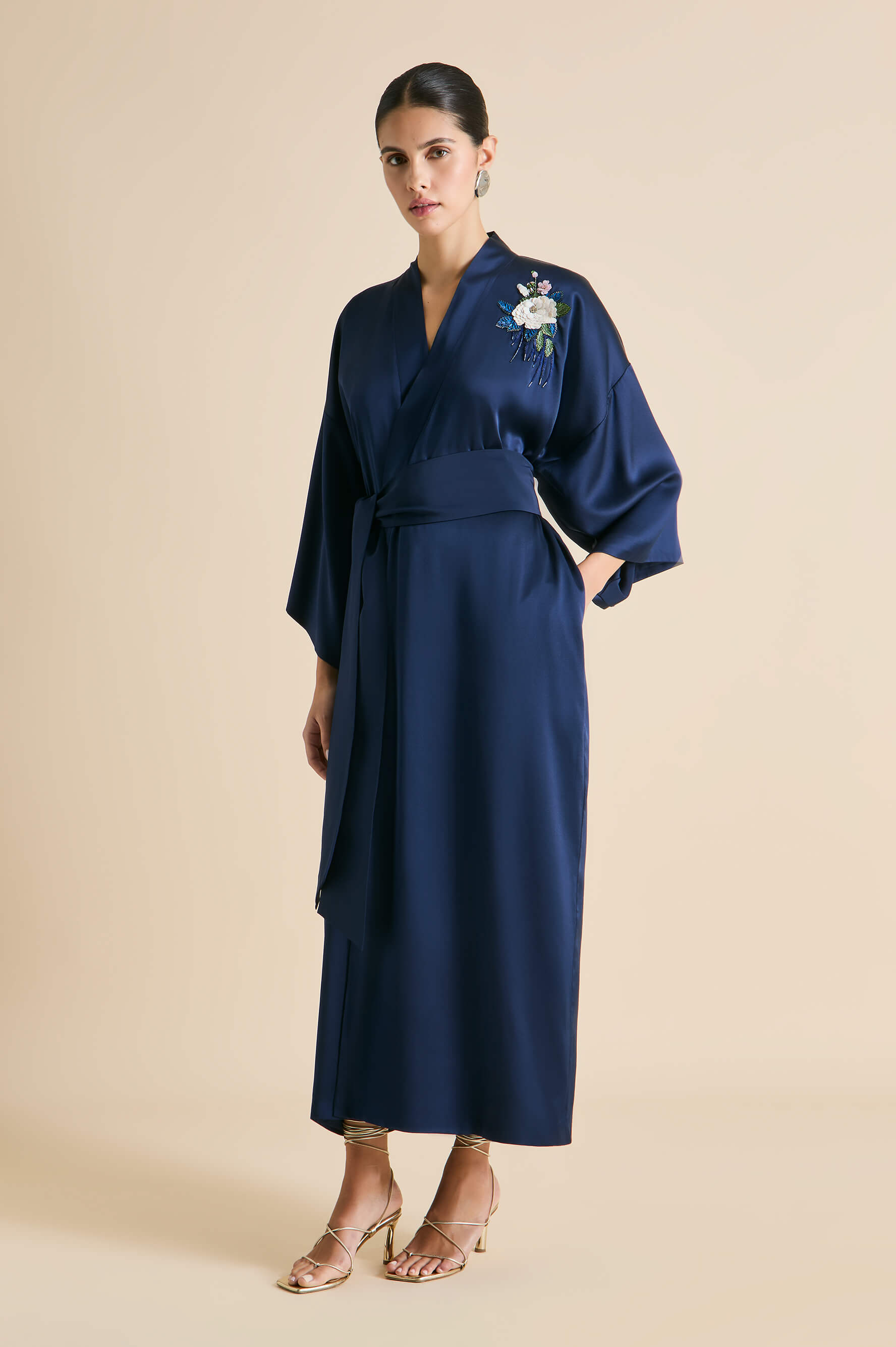 Queenie Harmonies Navy Embellished Robe in Silk Satin