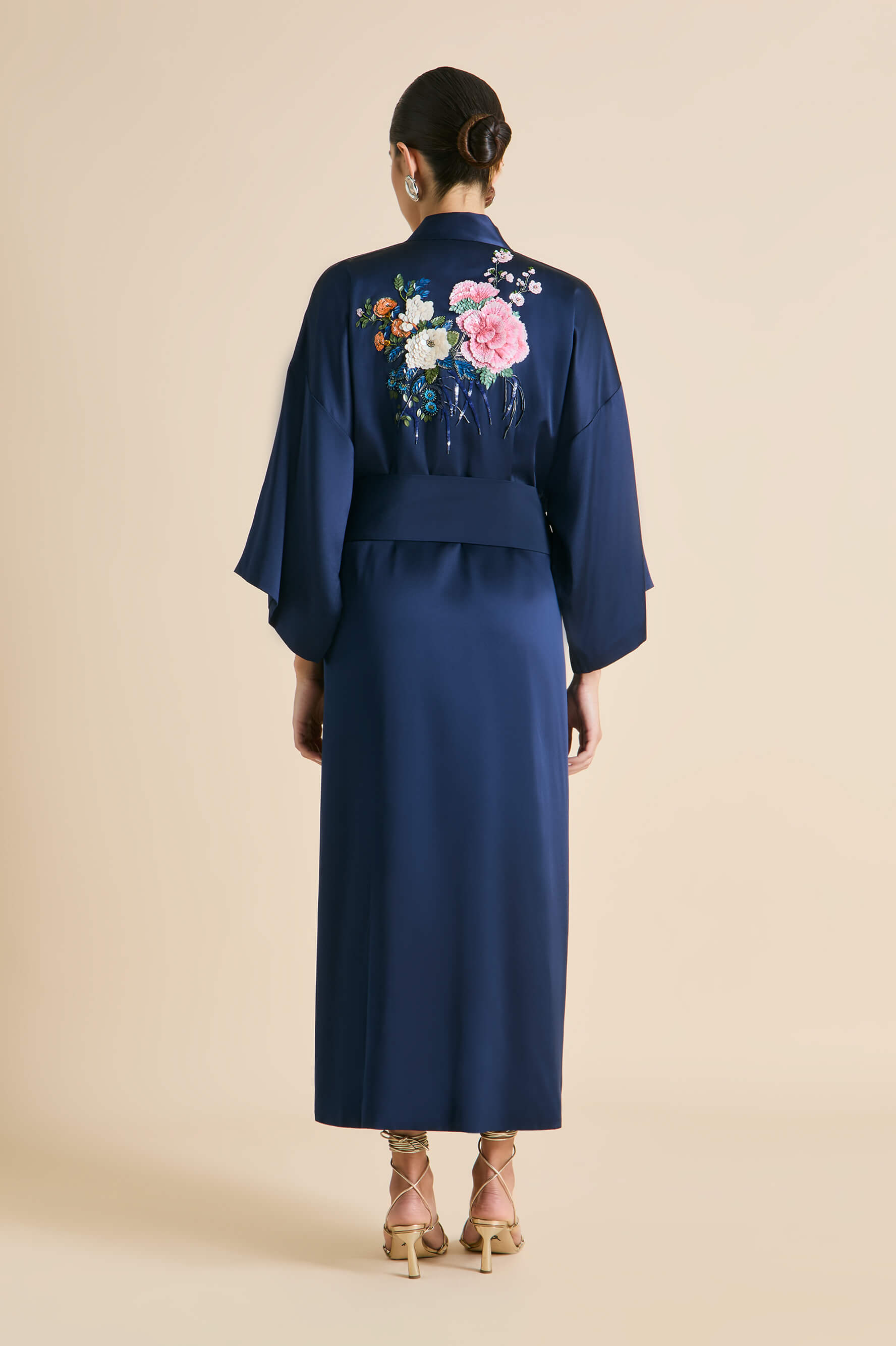 Queenie Harmonies Navy Embellished Robe in Silk Satin