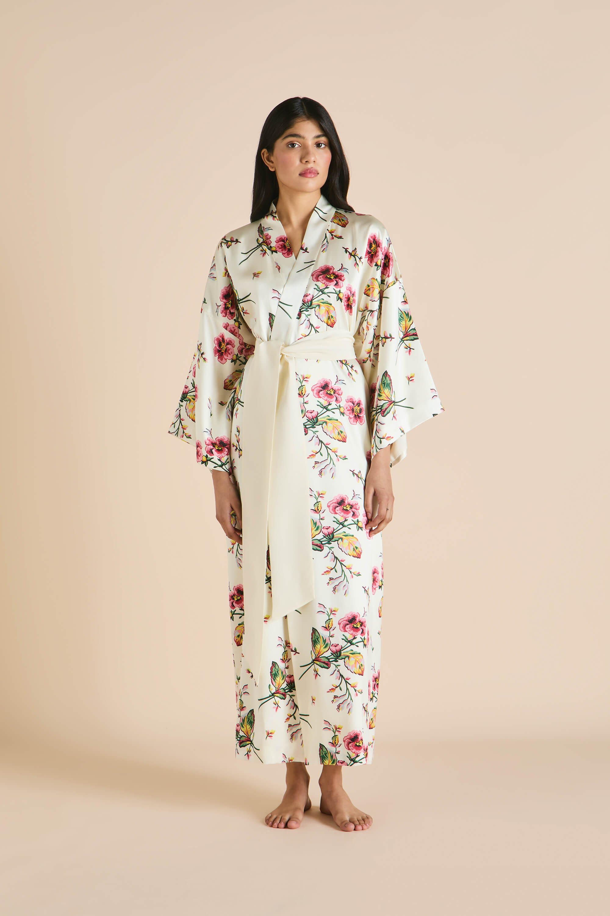 Queenie Maugham Ivory Floral Robe in Silk Satin