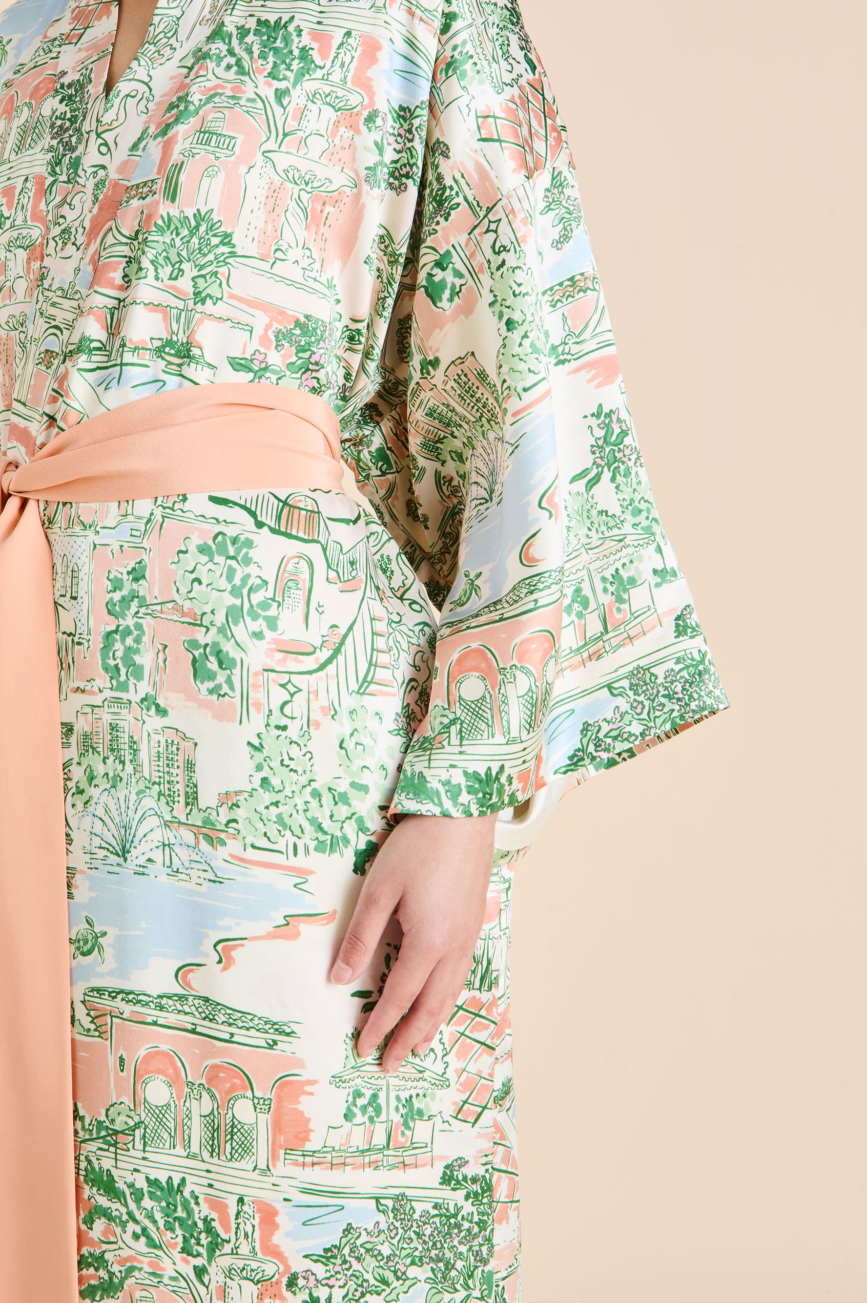 queenie mansion peach landscape robe in silk satin 