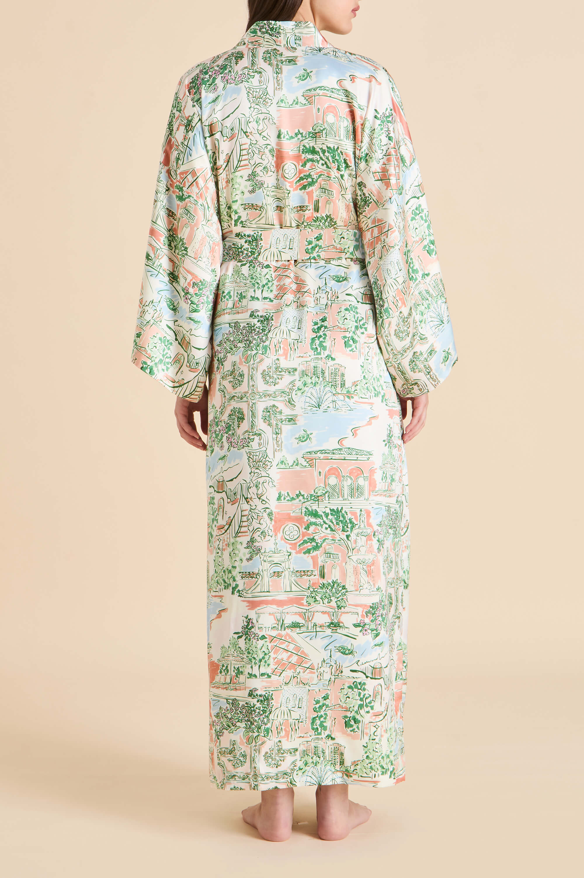 queenie mansion peach landscape robe in silk satin 