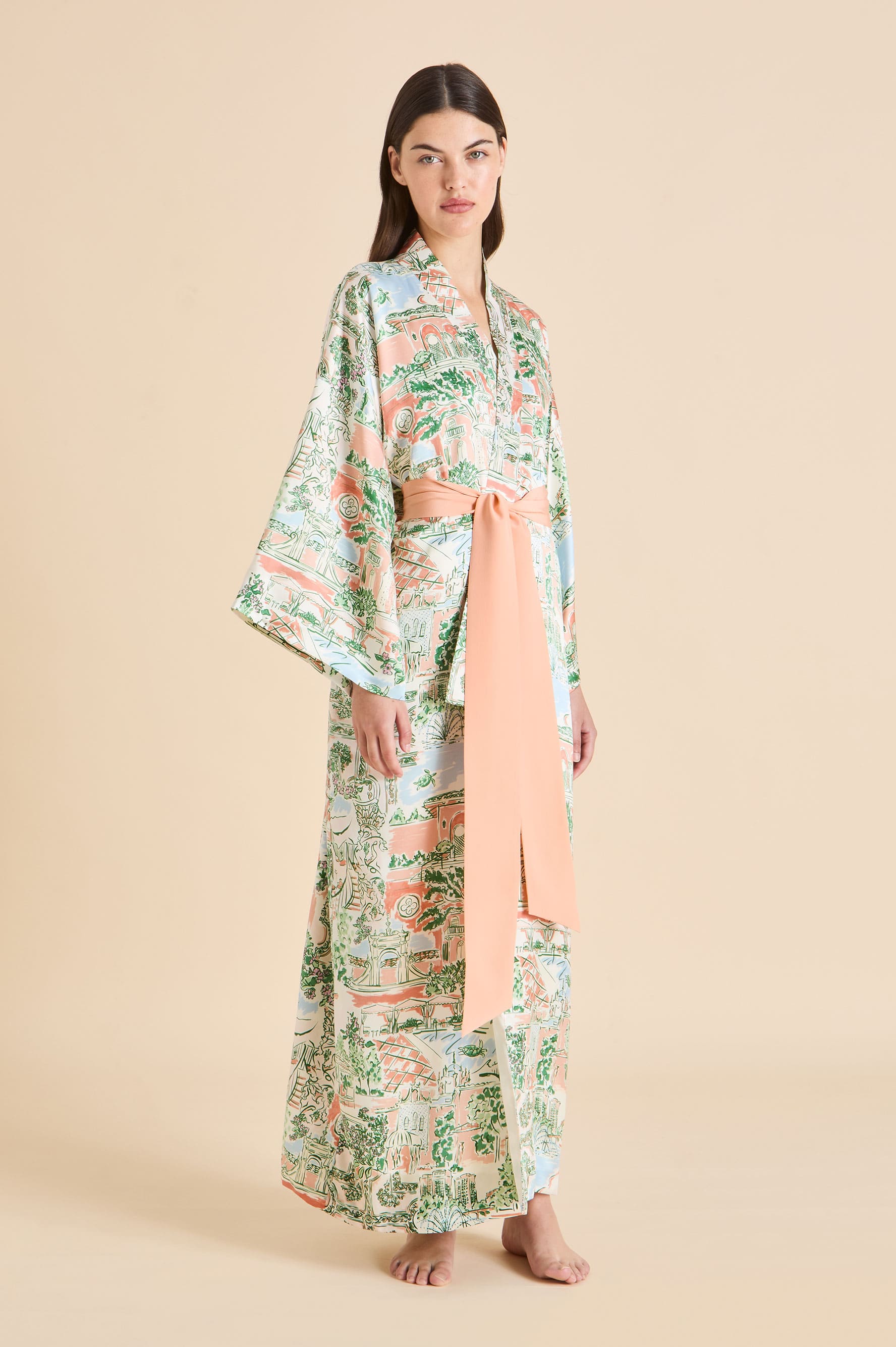 Queenie Mansion Peach Landscape Robe in Silk Satin