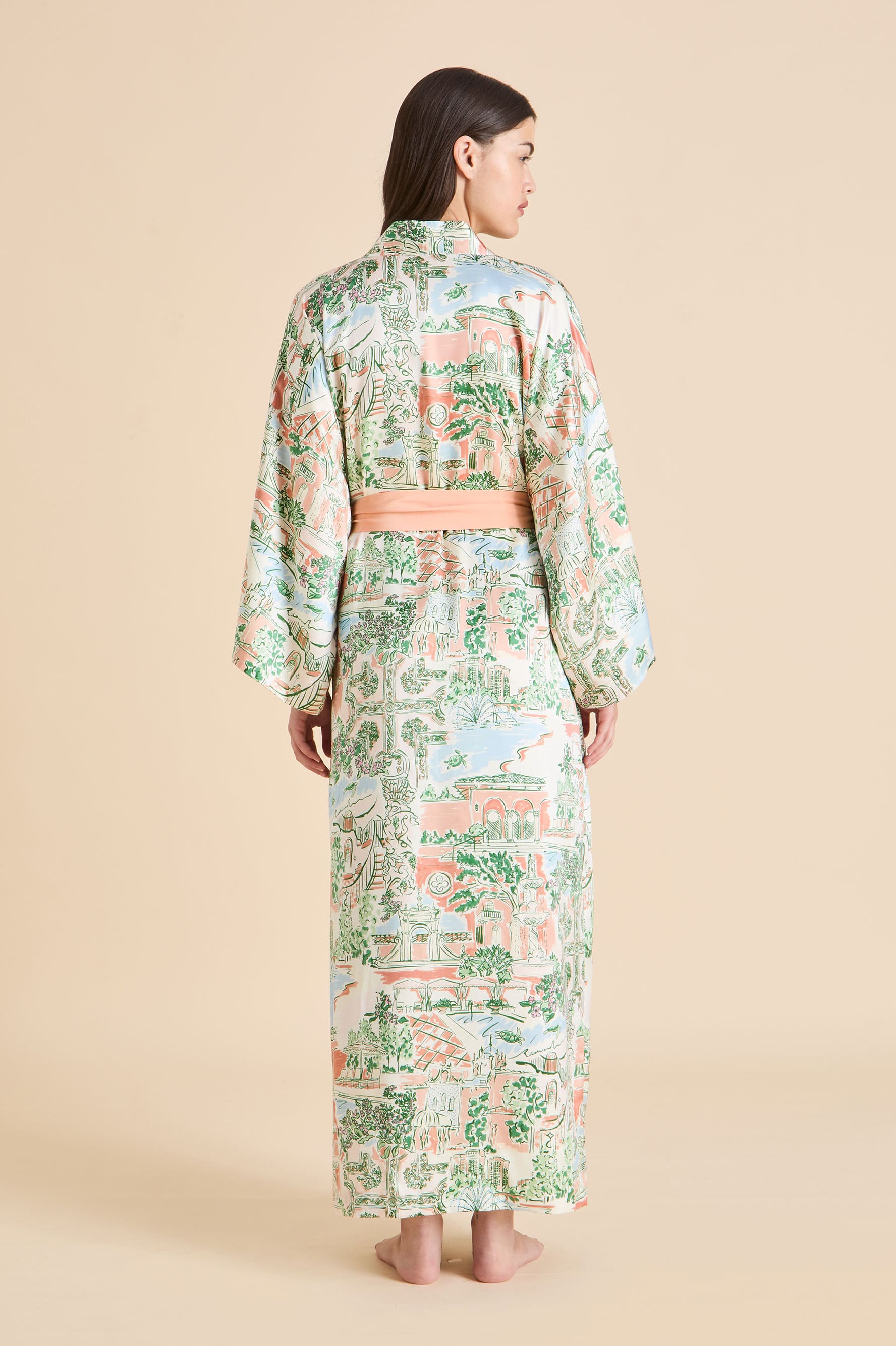 Queenie Mansion Peach Landscape Robe in Silk Satin
