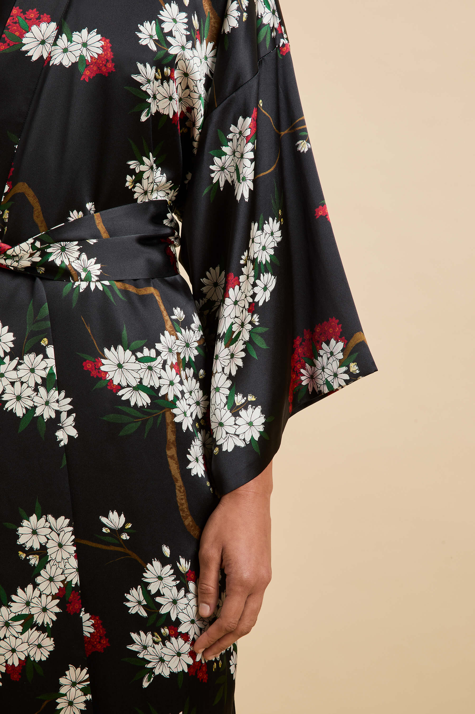 queenie rené black blossom robe in silk satin 