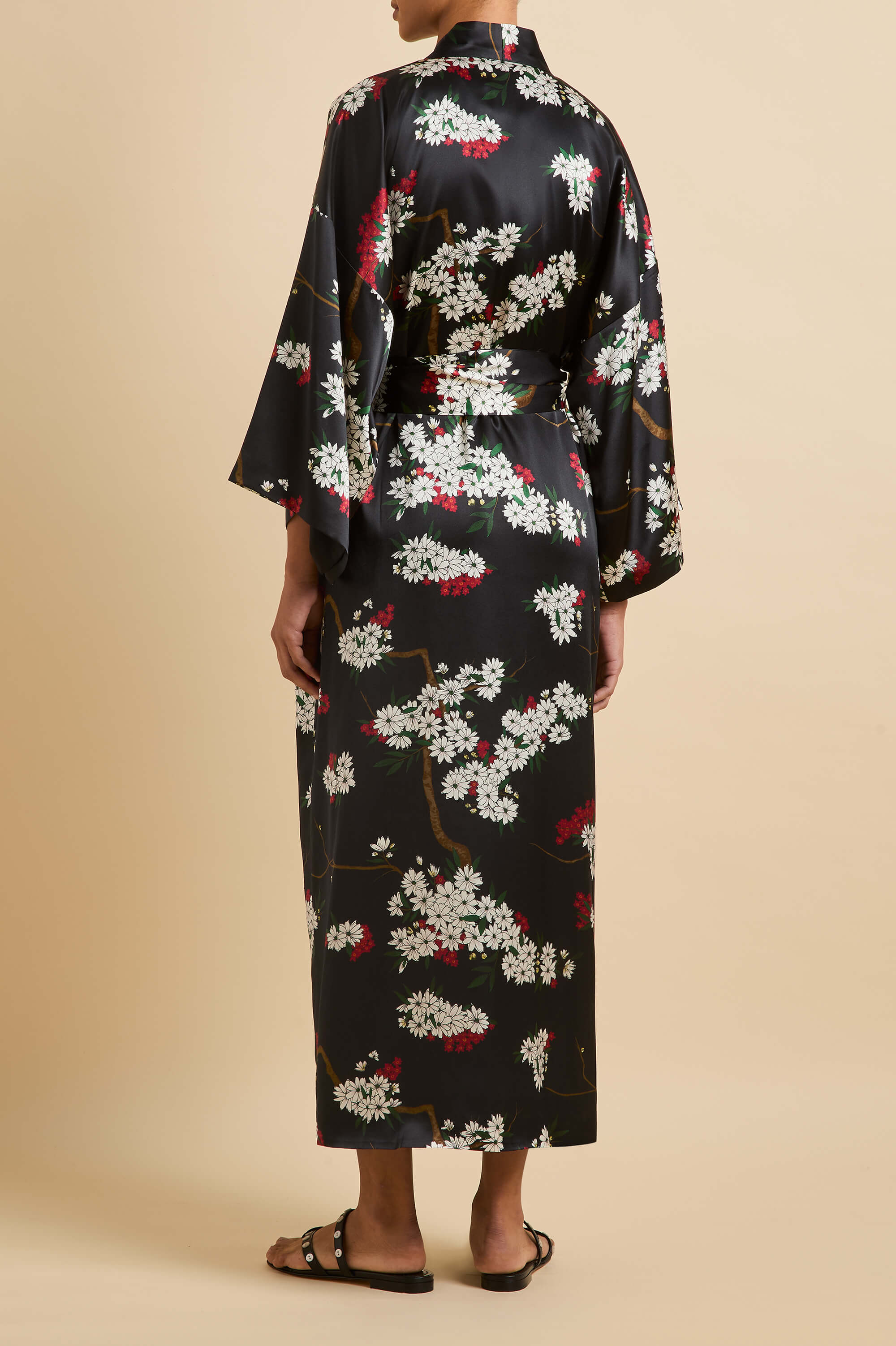 Queenie René Black Blossom Robe in Silk Satin