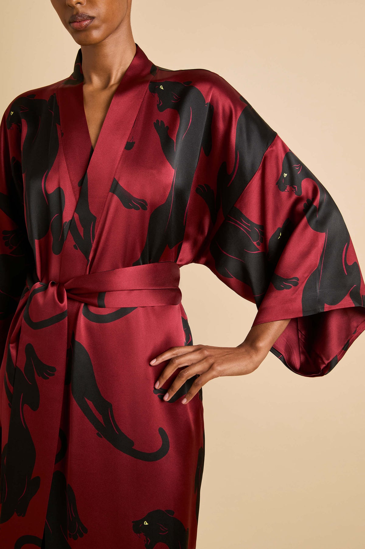 queenie rovelle red panther robe in silk satin 