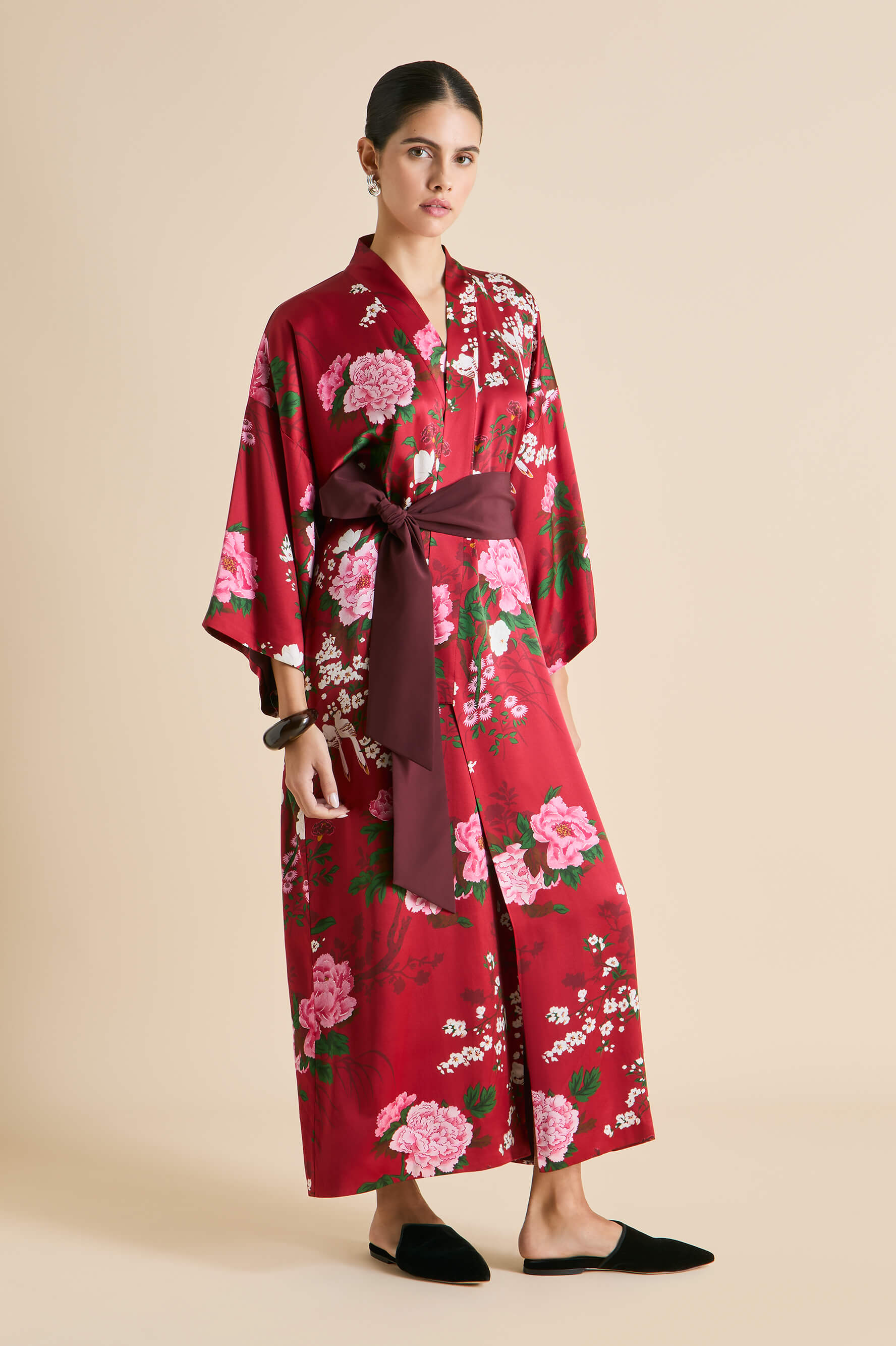 Queenie Tardieu Red Floral Robe in Silk Satin