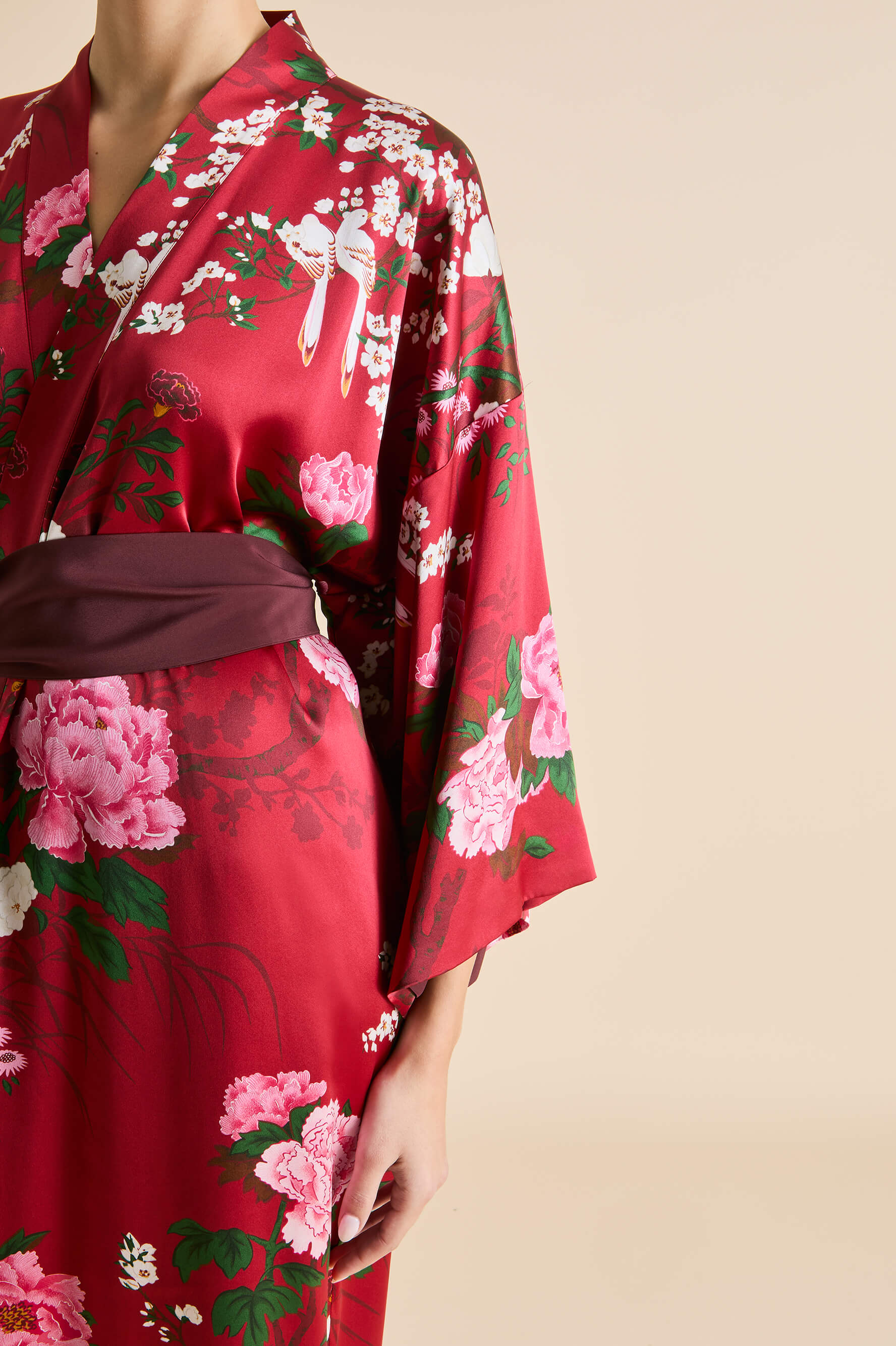 Queenie Tardieu Red Floral Robe in Silk Satin