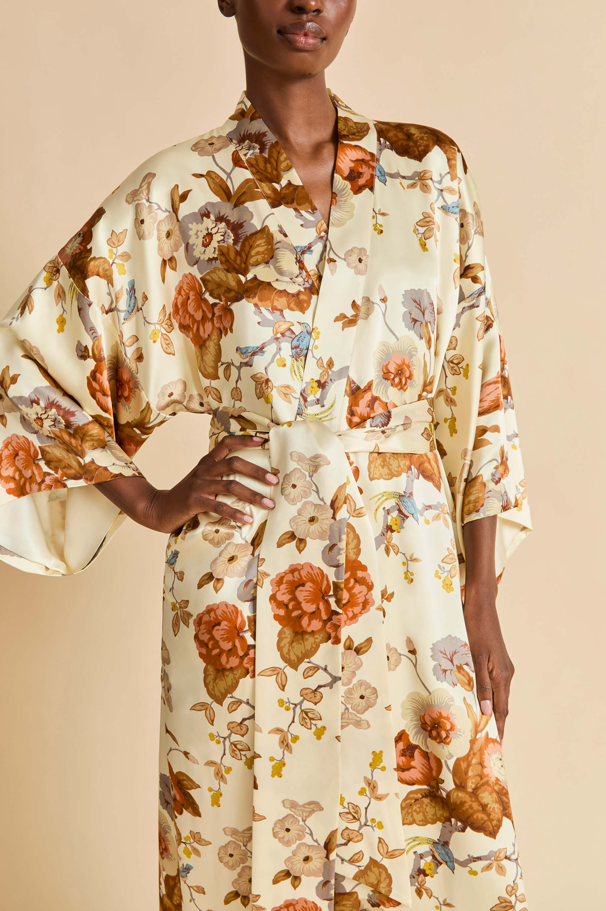 queenie violette cream floral robe in silk satin 