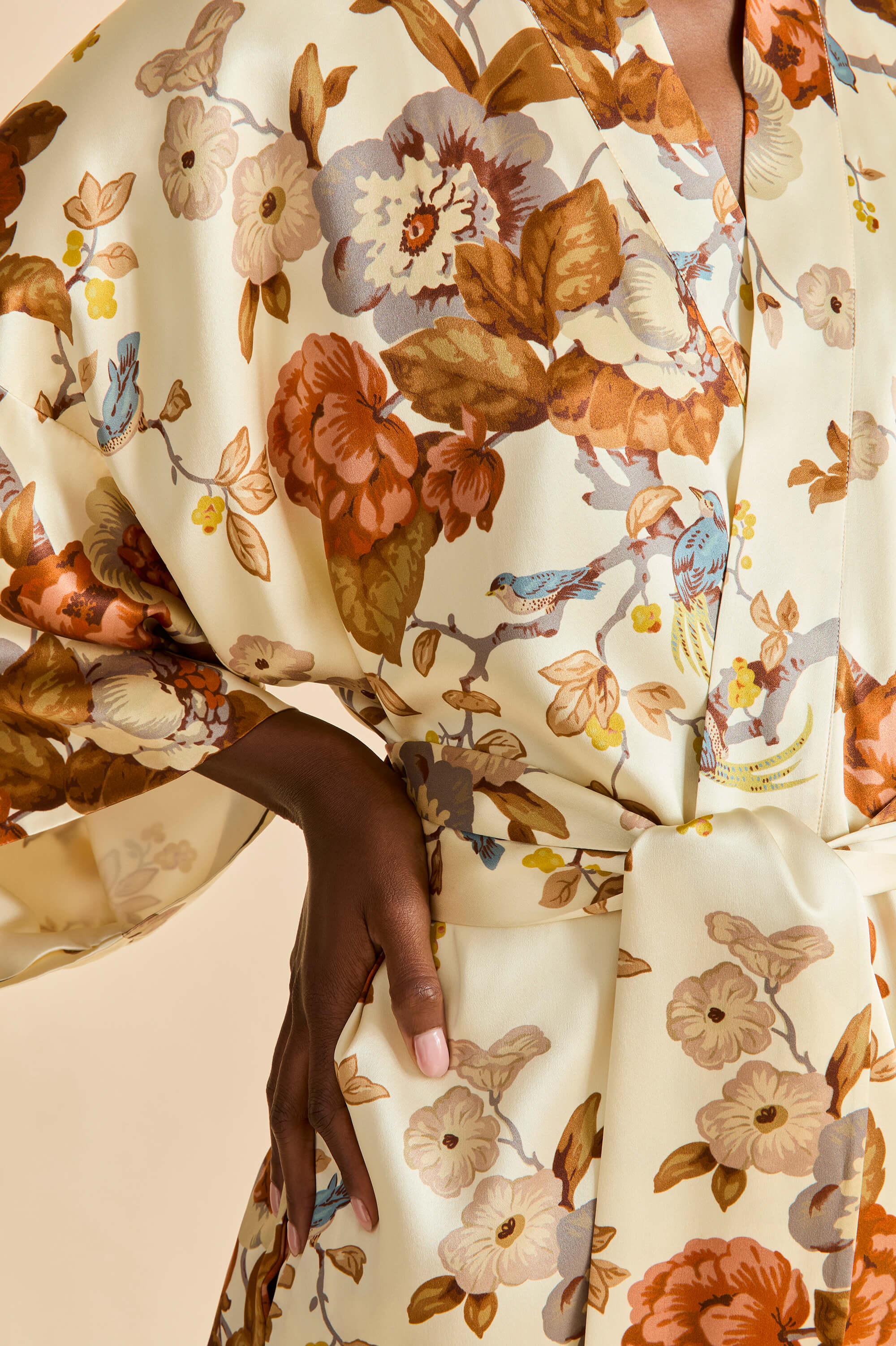 Queenie Violette Cream Floral Robe in Silk Satin