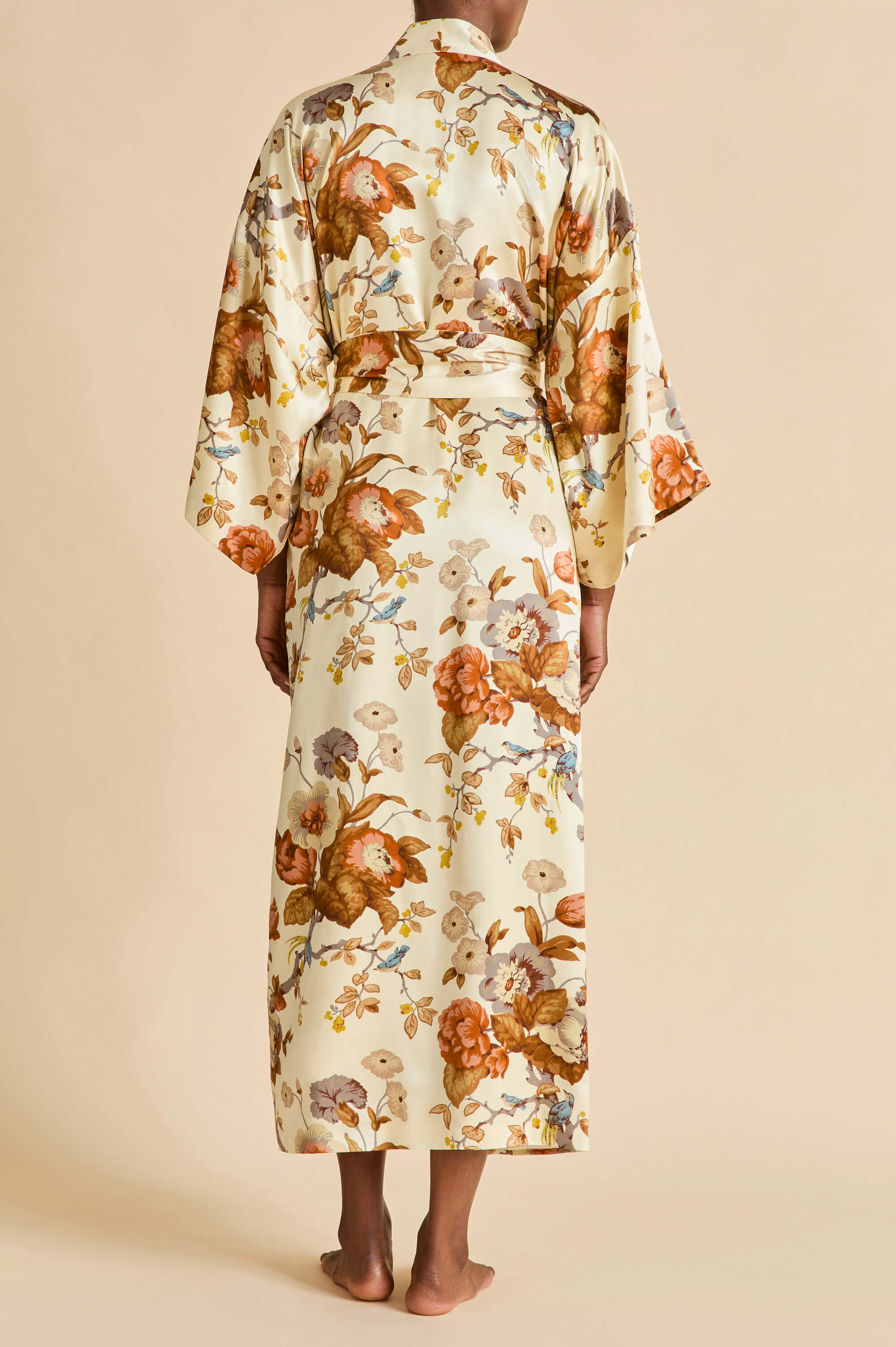 Queenie Violette Cream Floral Robe in Silk Satin