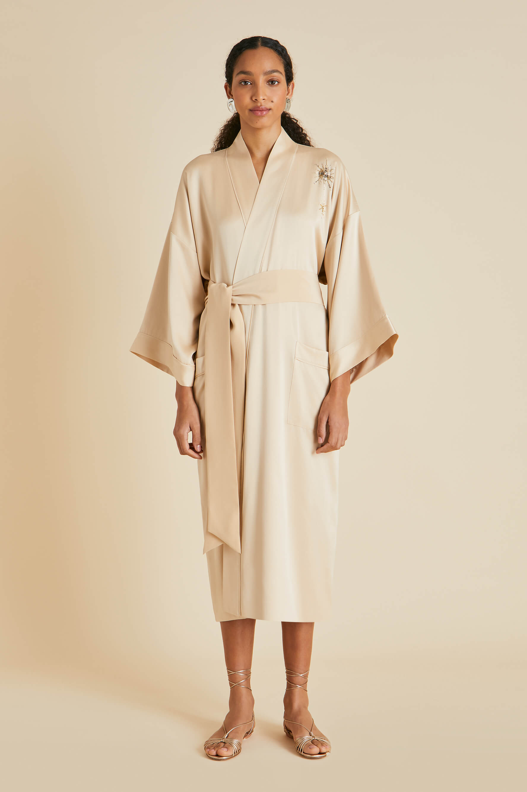 Sabine Celestine Caramel Embellished Robe in Sandwashed Silk