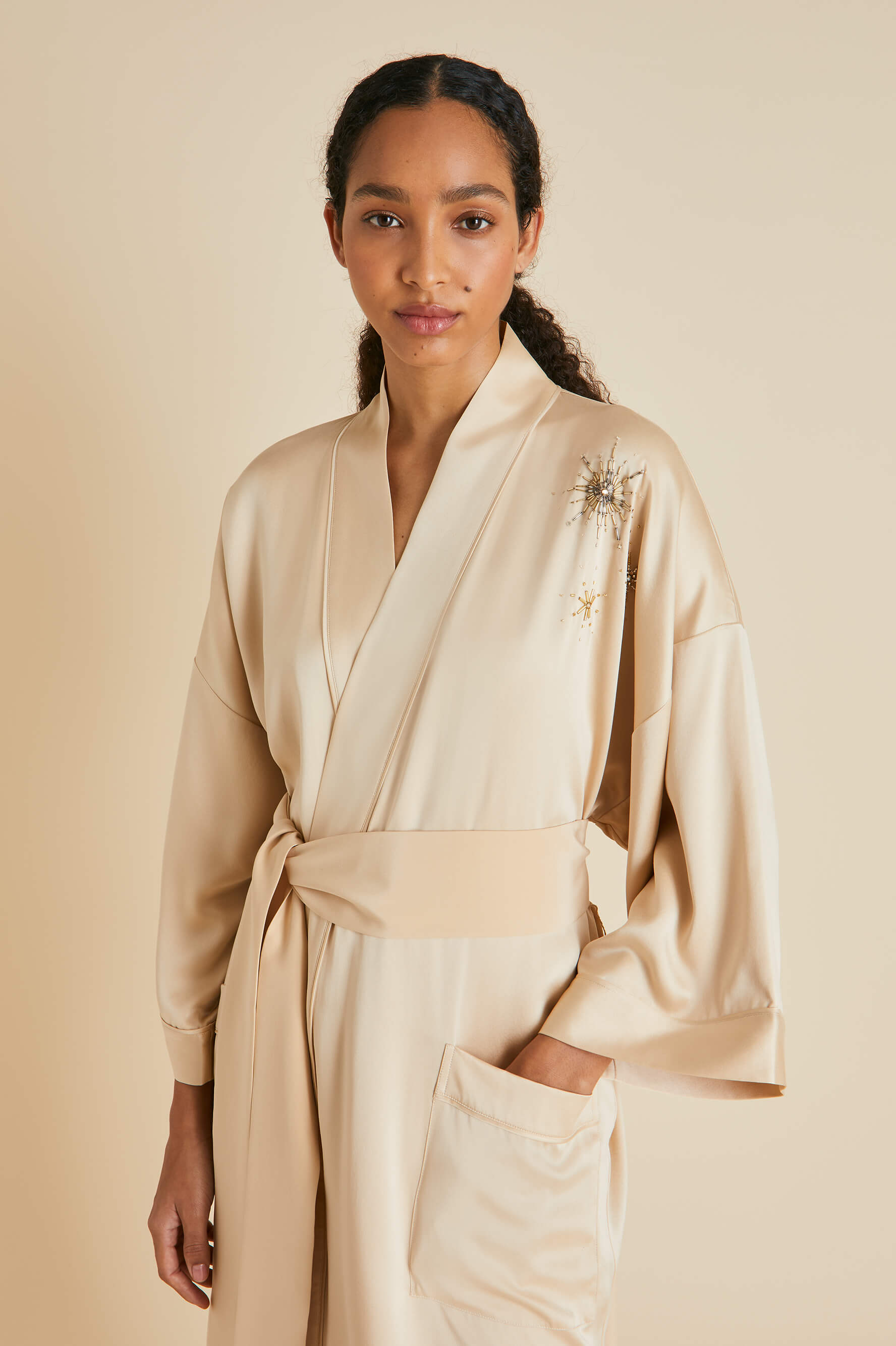 Sabine Celestine Caramel Embellished Robe in Sandwashed Silk