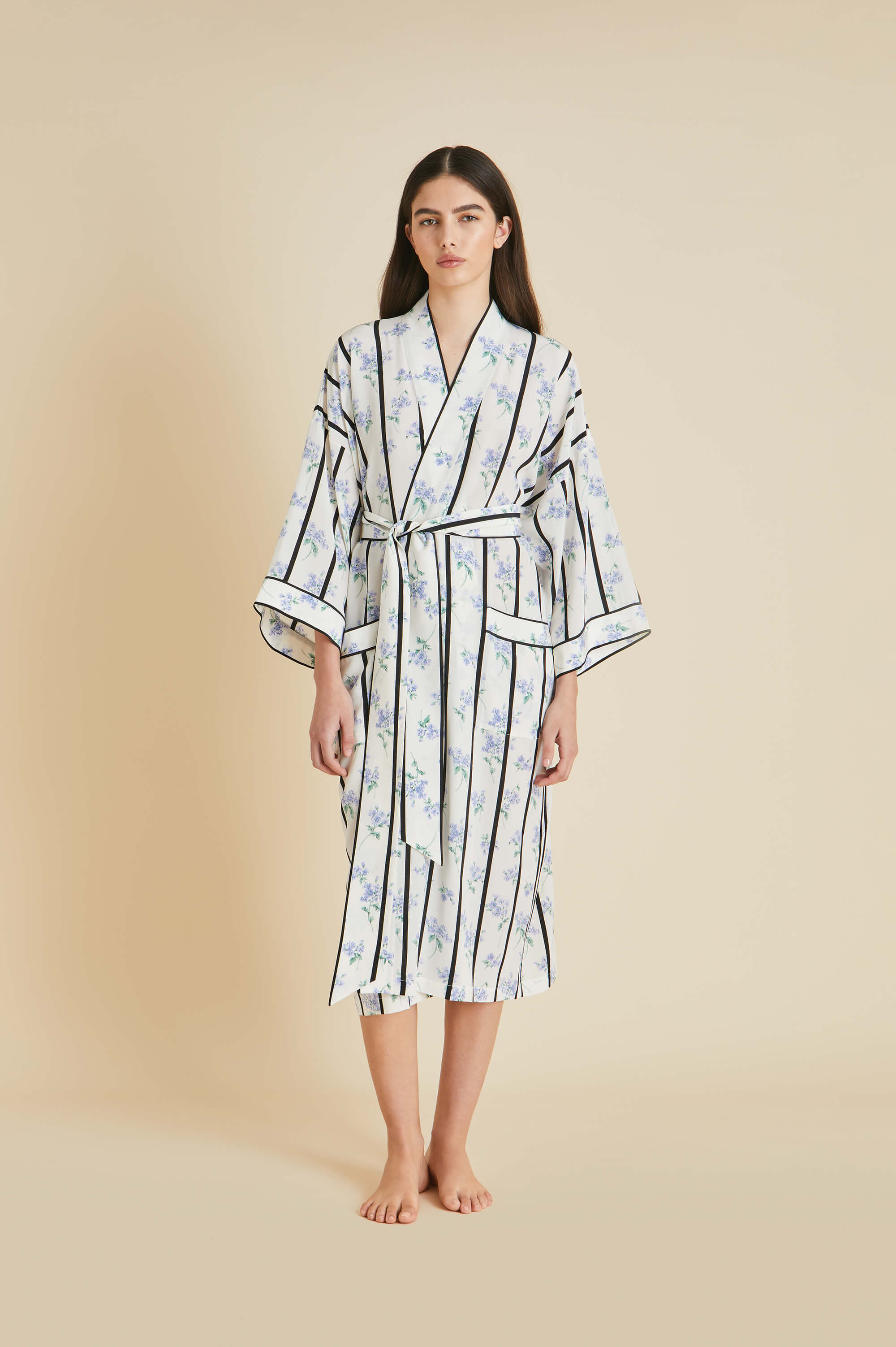 Sabine Hypnos Ivory Stripe Robe in Silk Crêpe de Chine