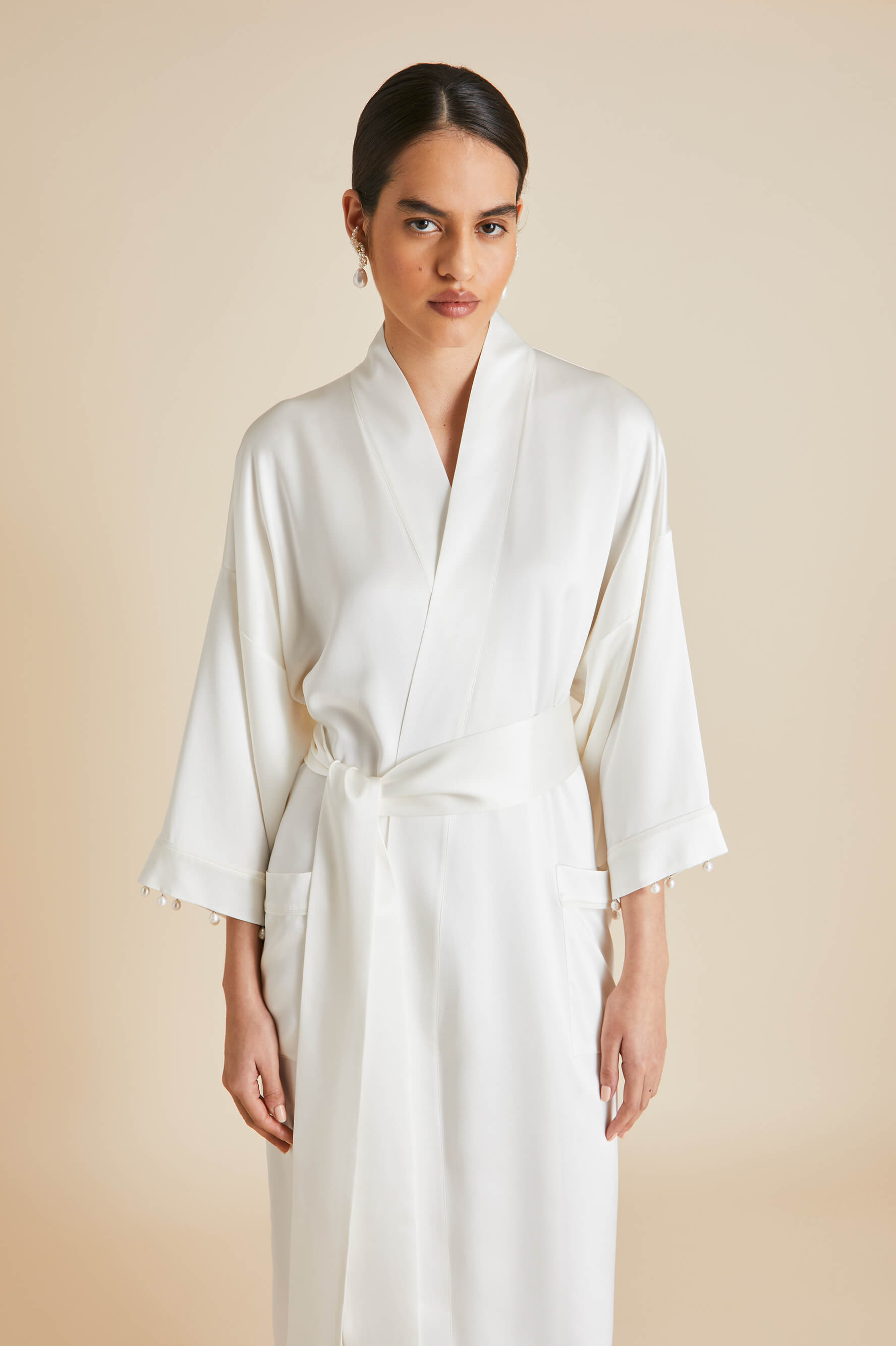 Sabine Ivory Pearl Robe in Silk Satin