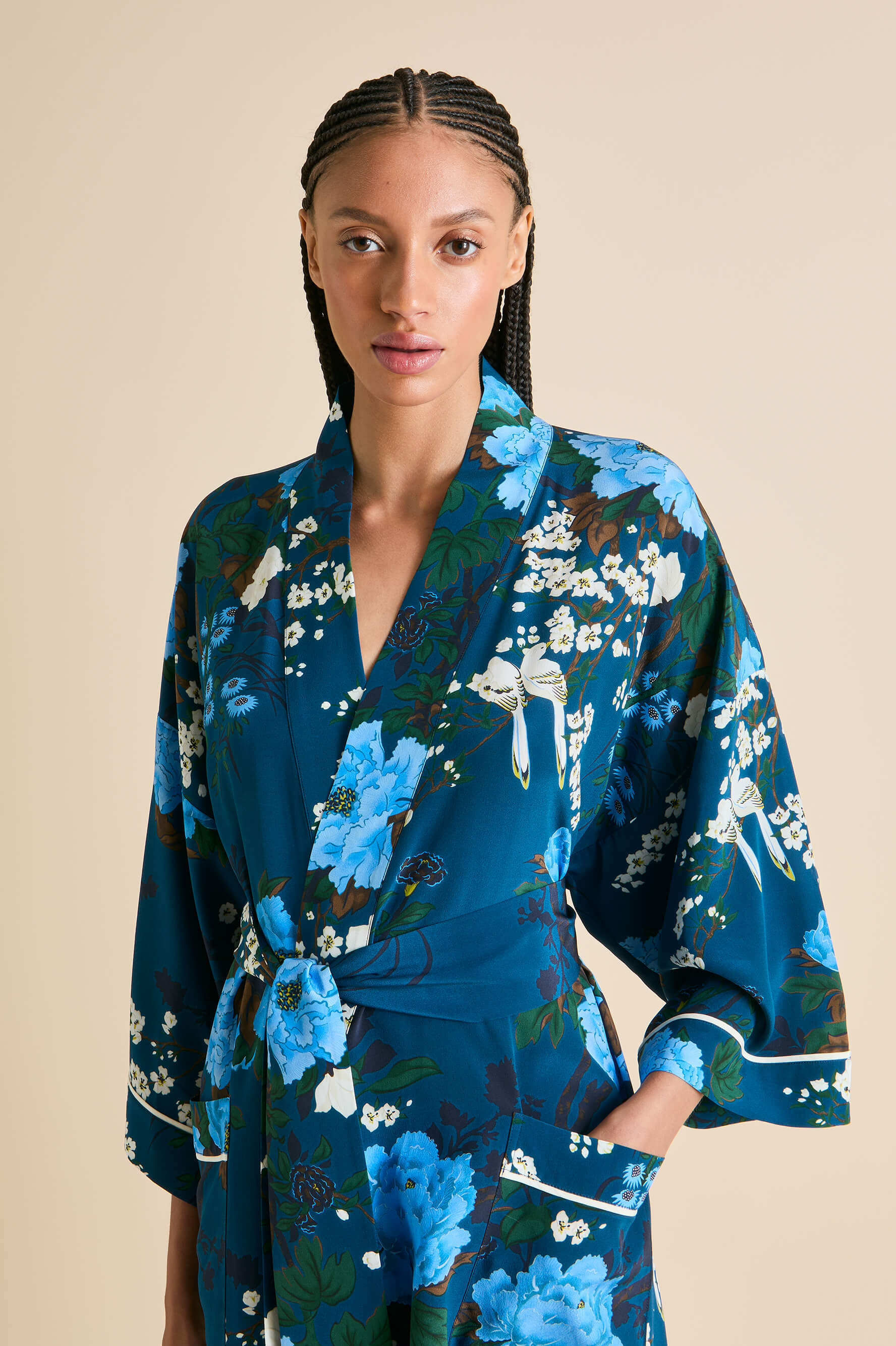 Sabine Tibatant Blue Floral Robe in Silk Crêpe de Chine