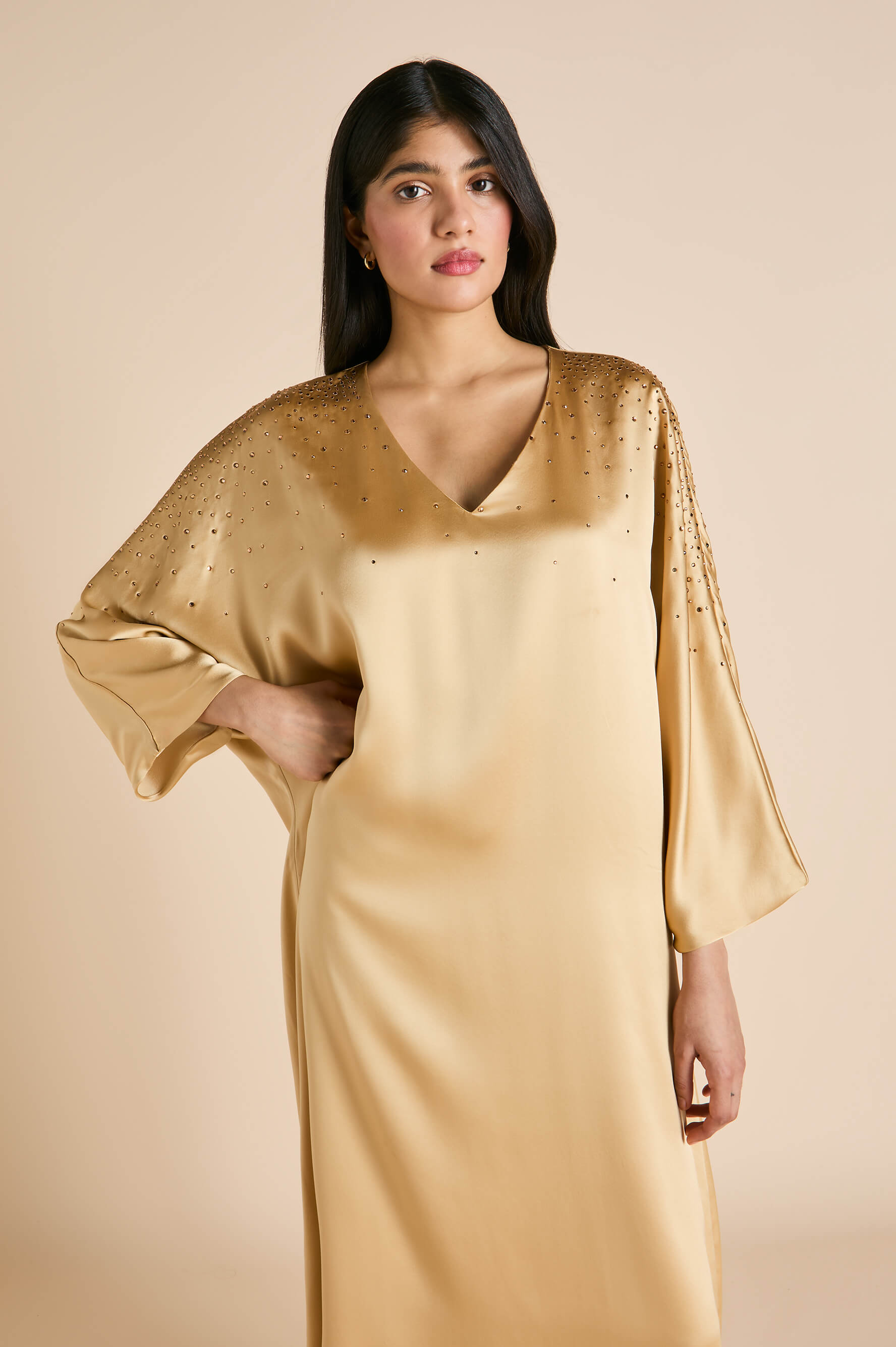 Vreeland Lune Caramel Embellished Dress in Silk Satin