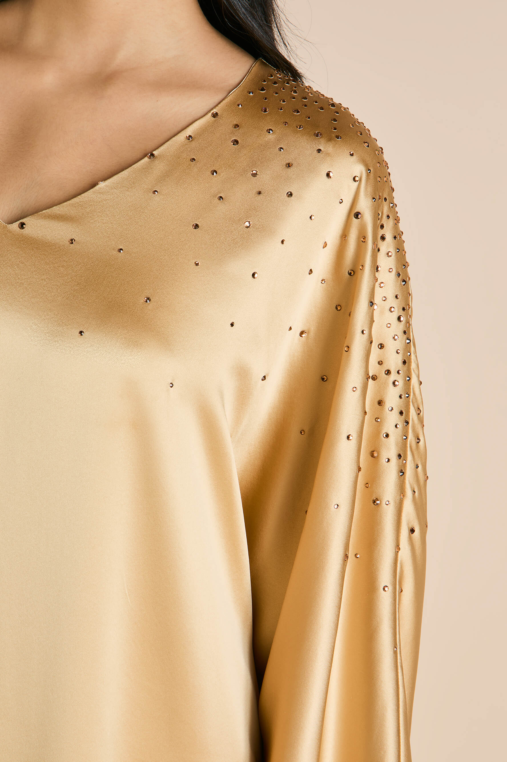 Vreeland Lune Caramel Embellished Dress in Silk Satin