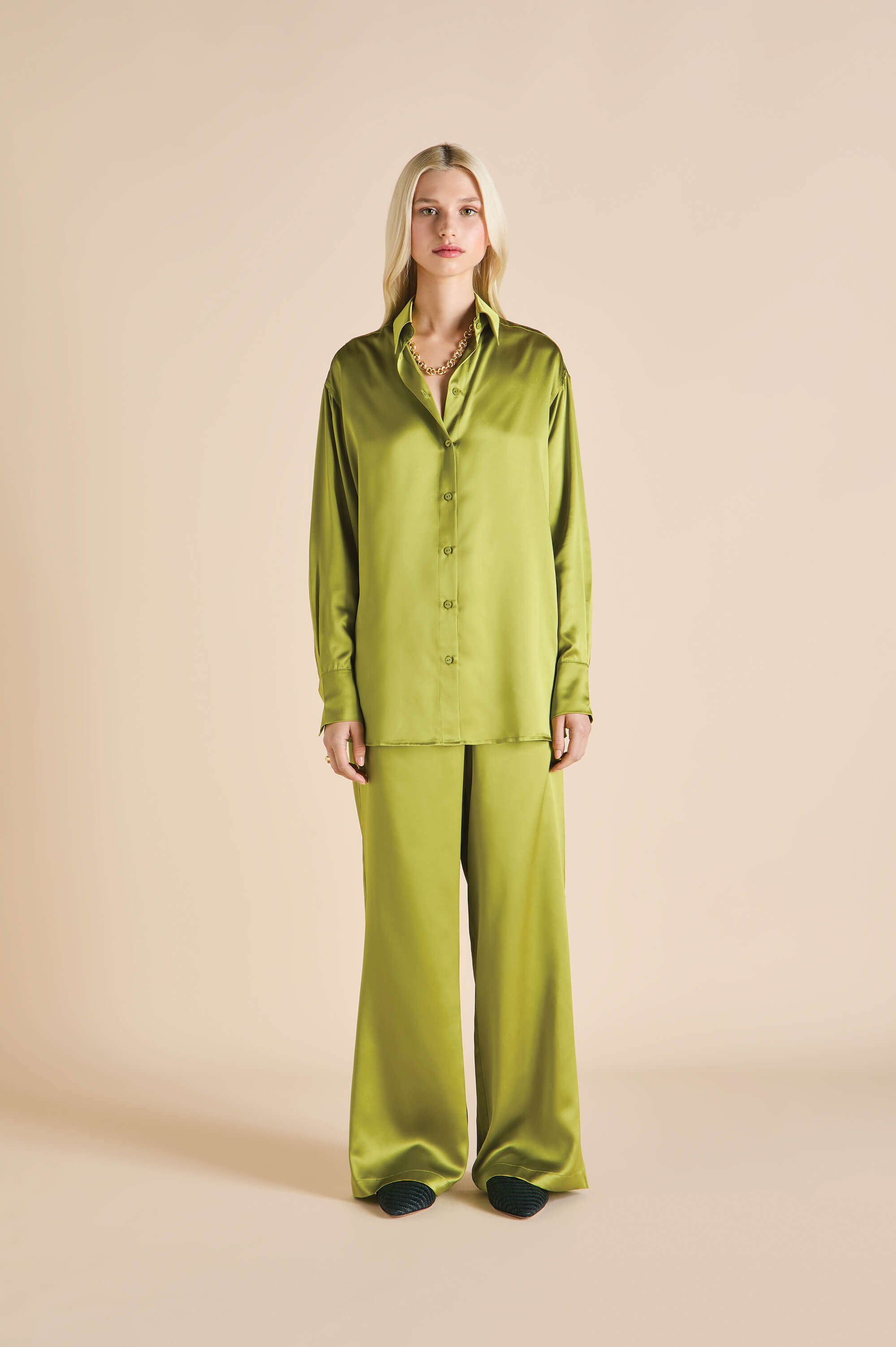 wolfe olive green pyjamas in silk satin