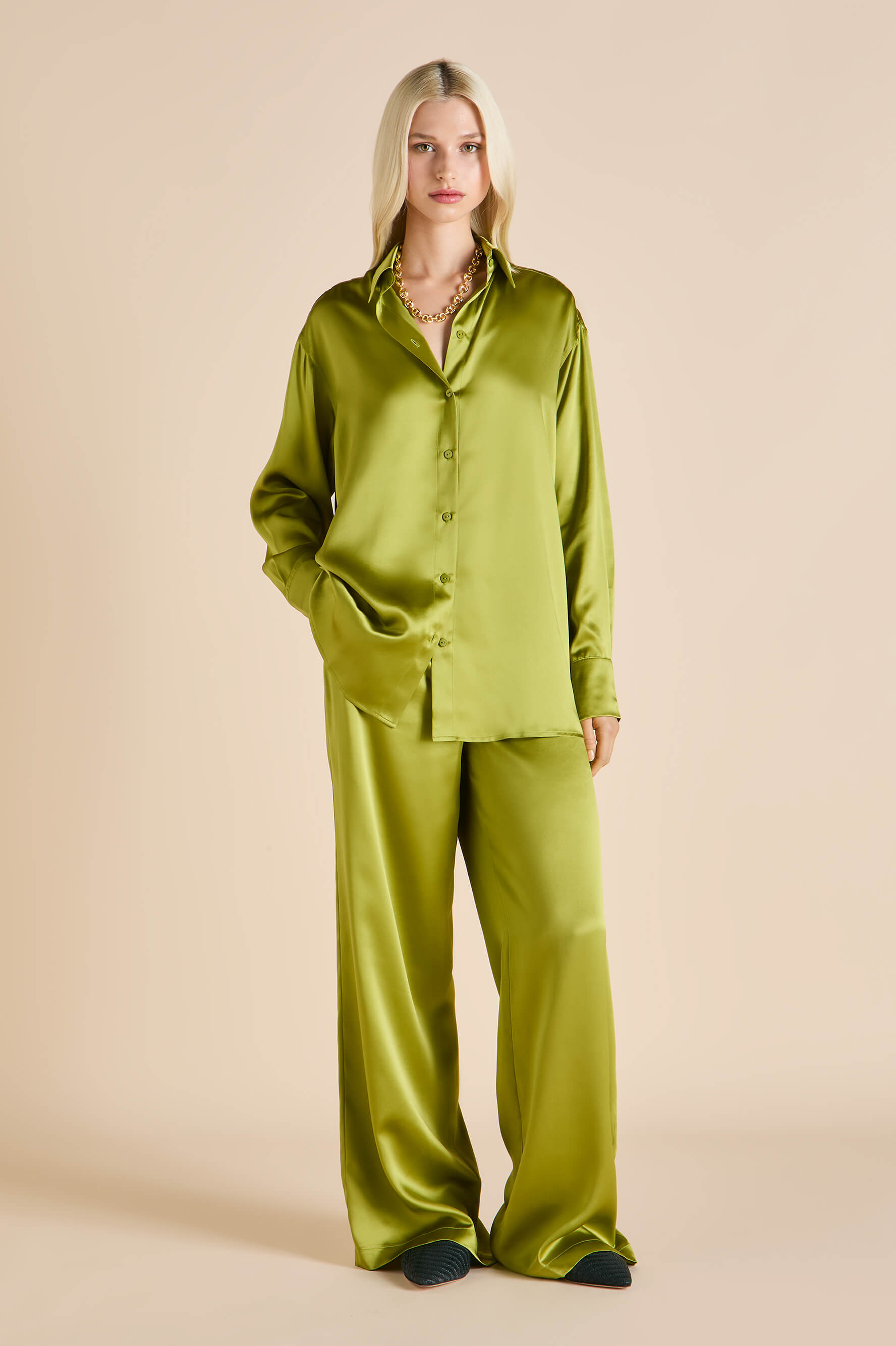 wolfe olive green pyjamas in silk satin 