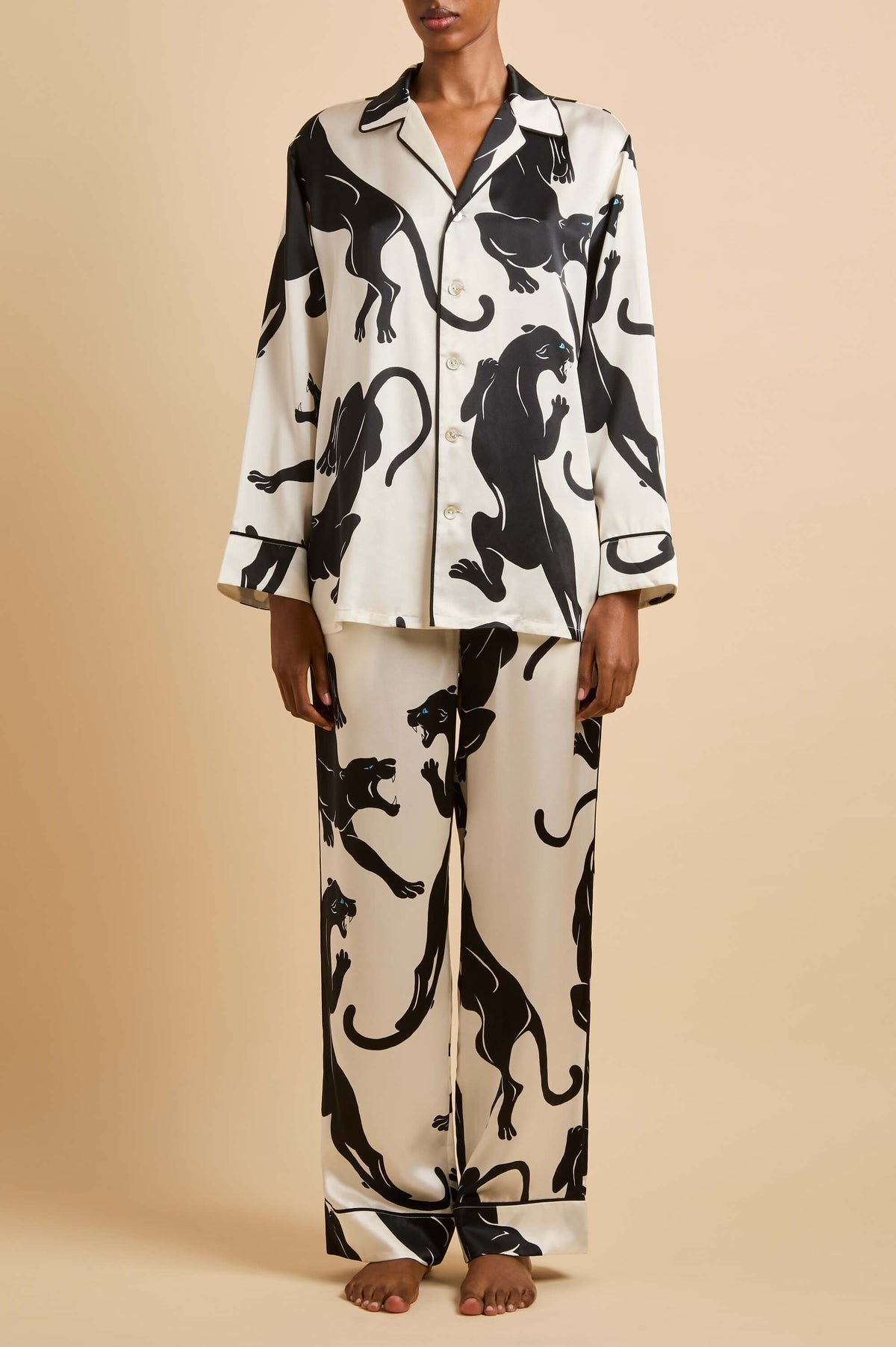 Yves Blanchet Ivory Panther Pajamas in Silk Satin