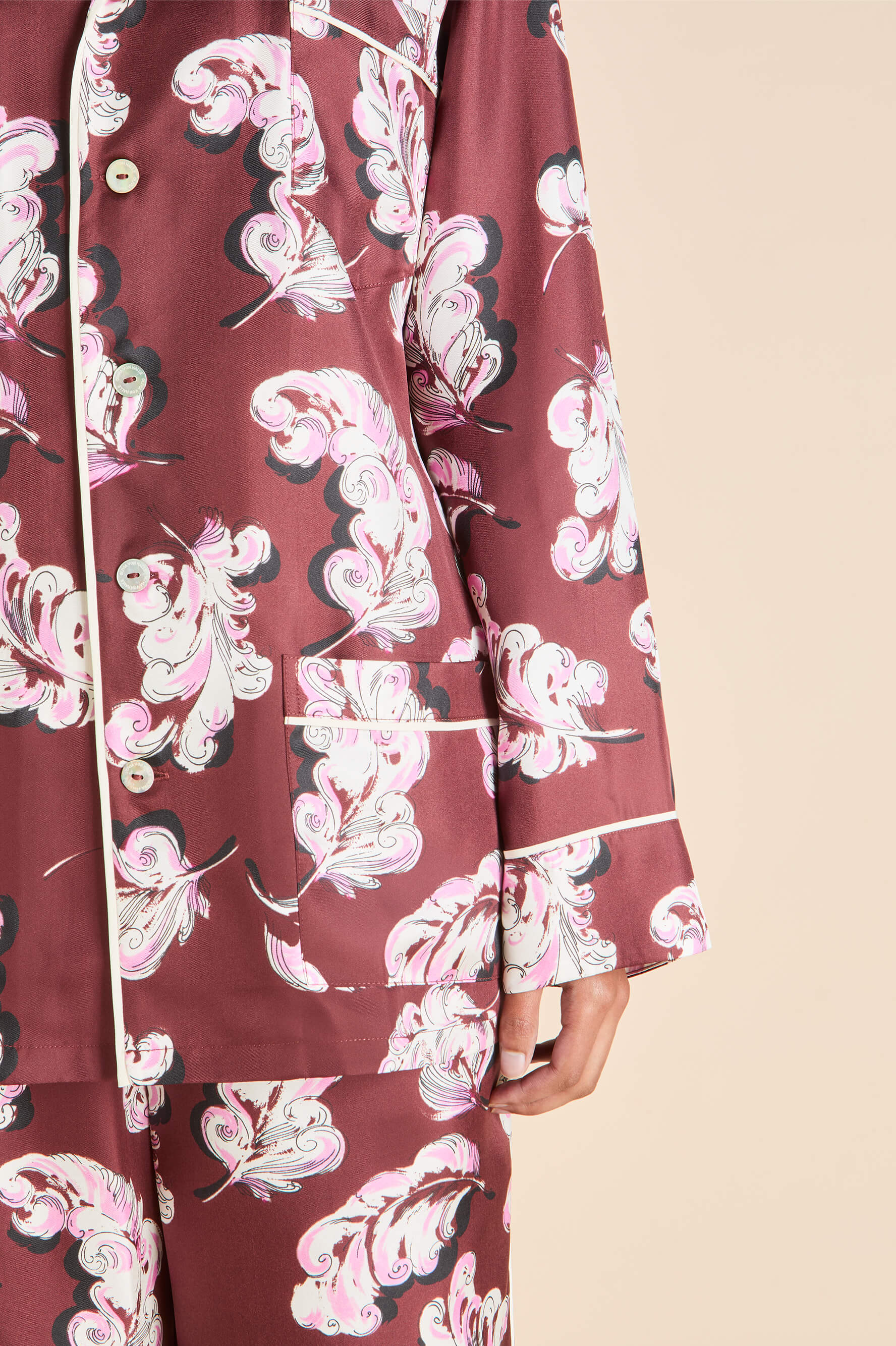 Yves Boudoir Maroon Feather Pyjamas in Silk Twill