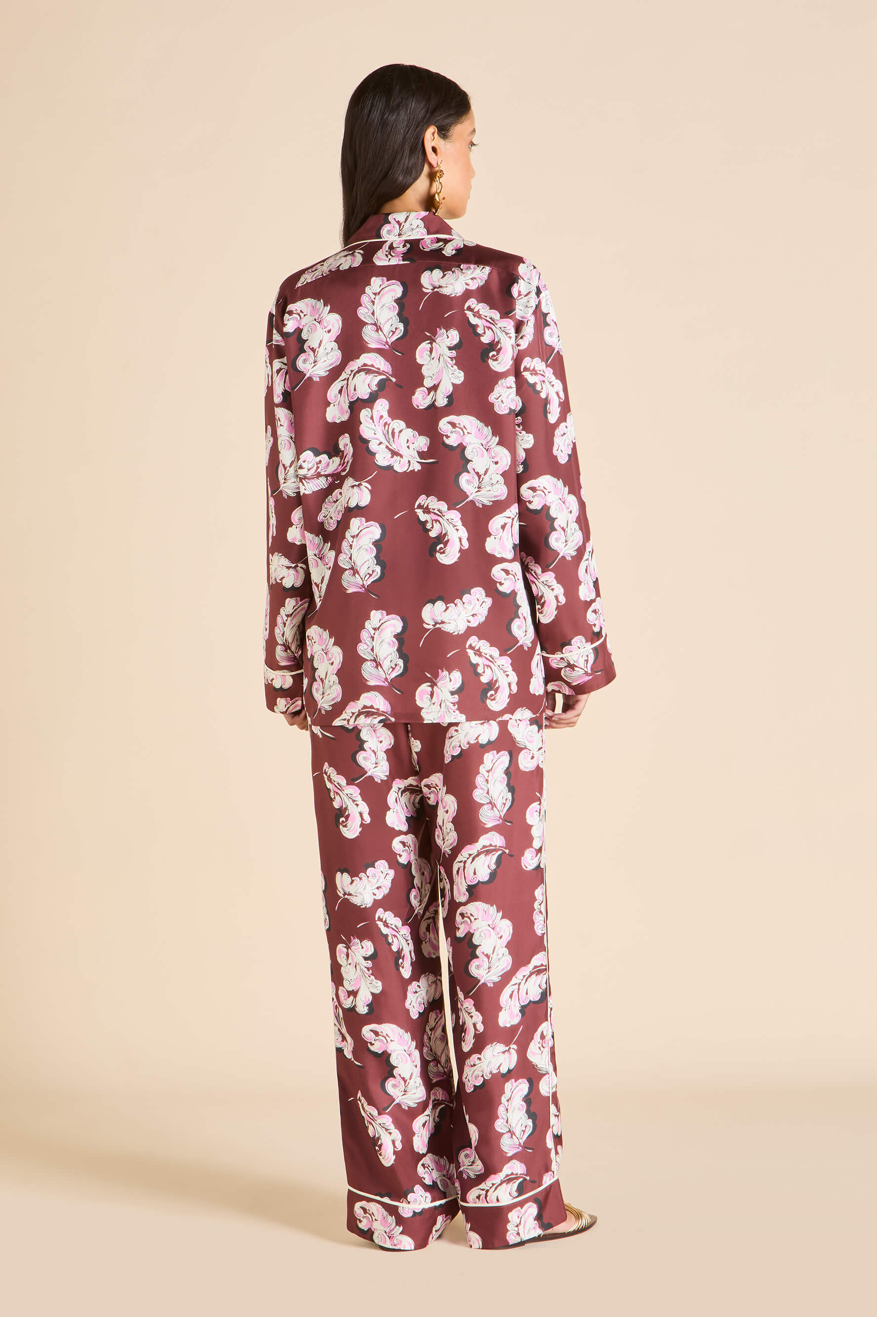 Yves Boudoir Maroon Feather Pyjamas in Silk Twill