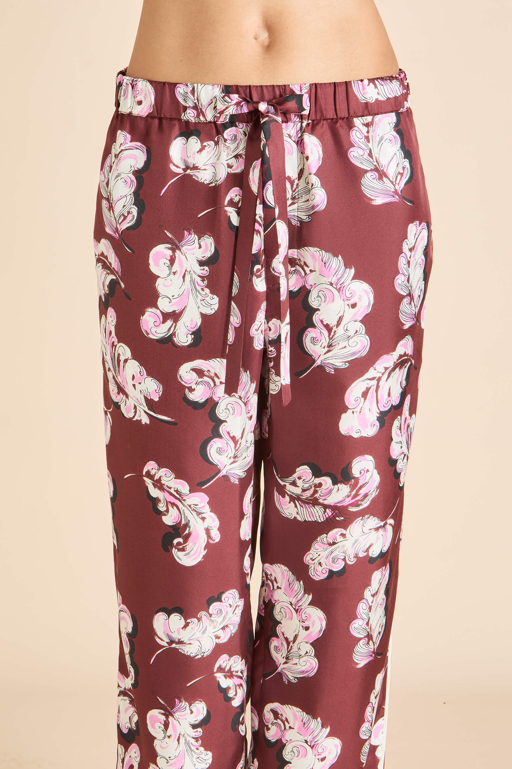 Yves Boudoir Maroon Feather Pyjamas in Silk Twill