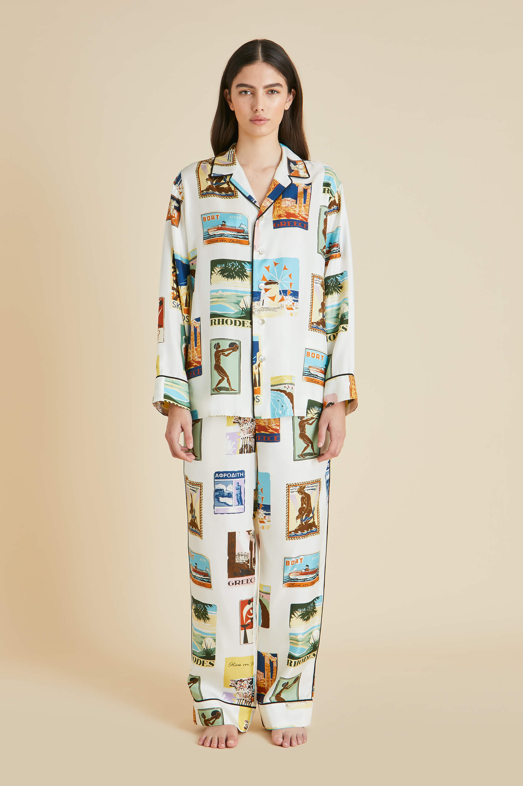 Yves Cadmus Ivory Postcard Pyjamas in Silk Twill