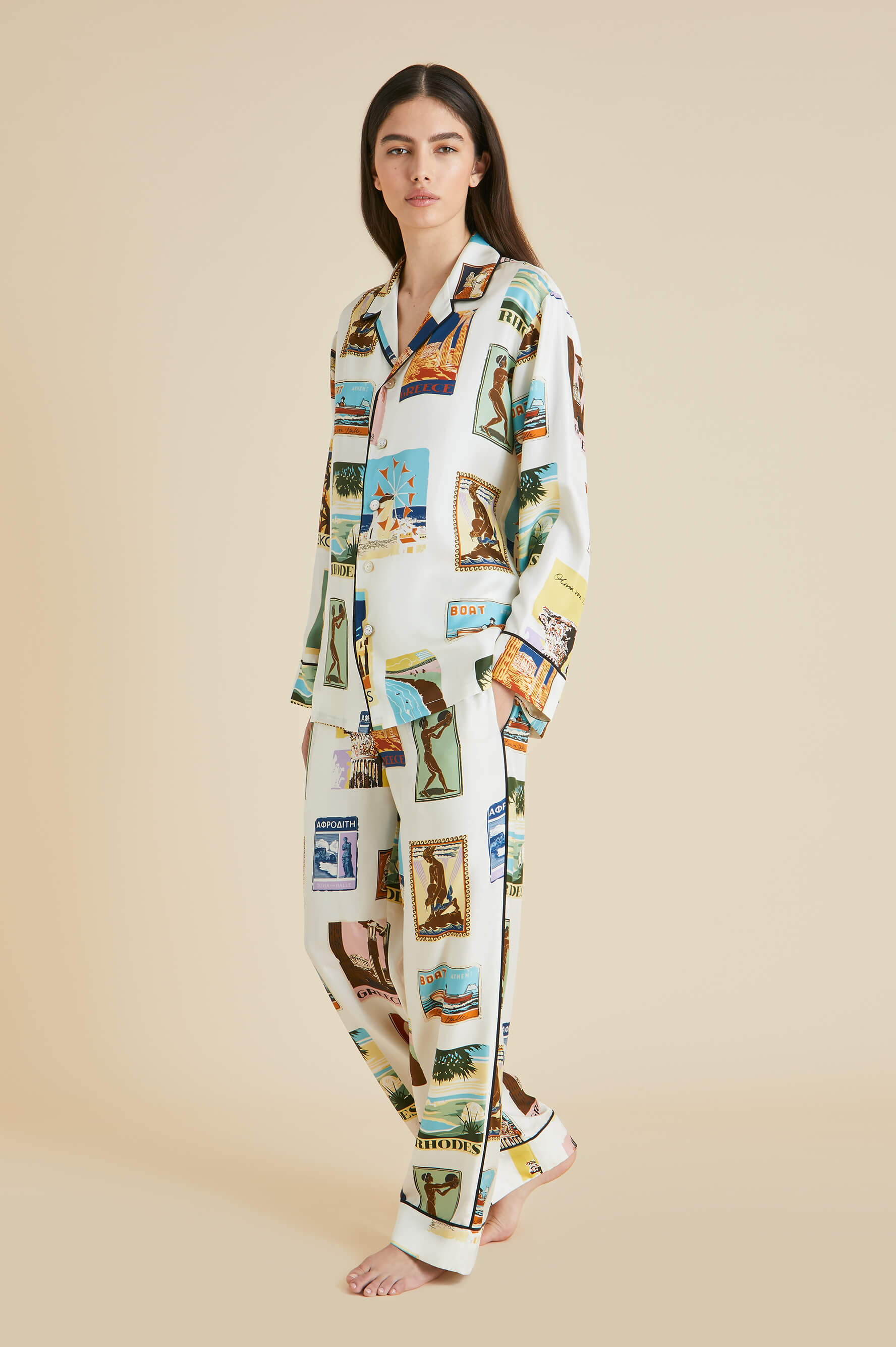 Yves Cadmus Ivory Postcard Pyjamas in Silk Twill